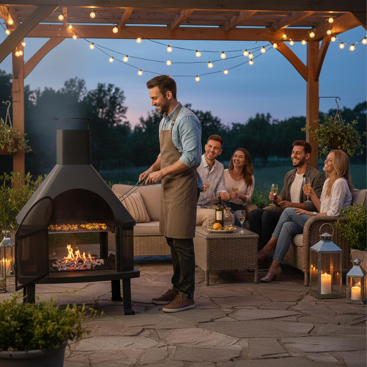Relaxdays Patio Log Burner with Grill, Outdoor Fireplace with Spark Guard, Fire Poker, Solid, Steel, 110x63x51 cm, Black