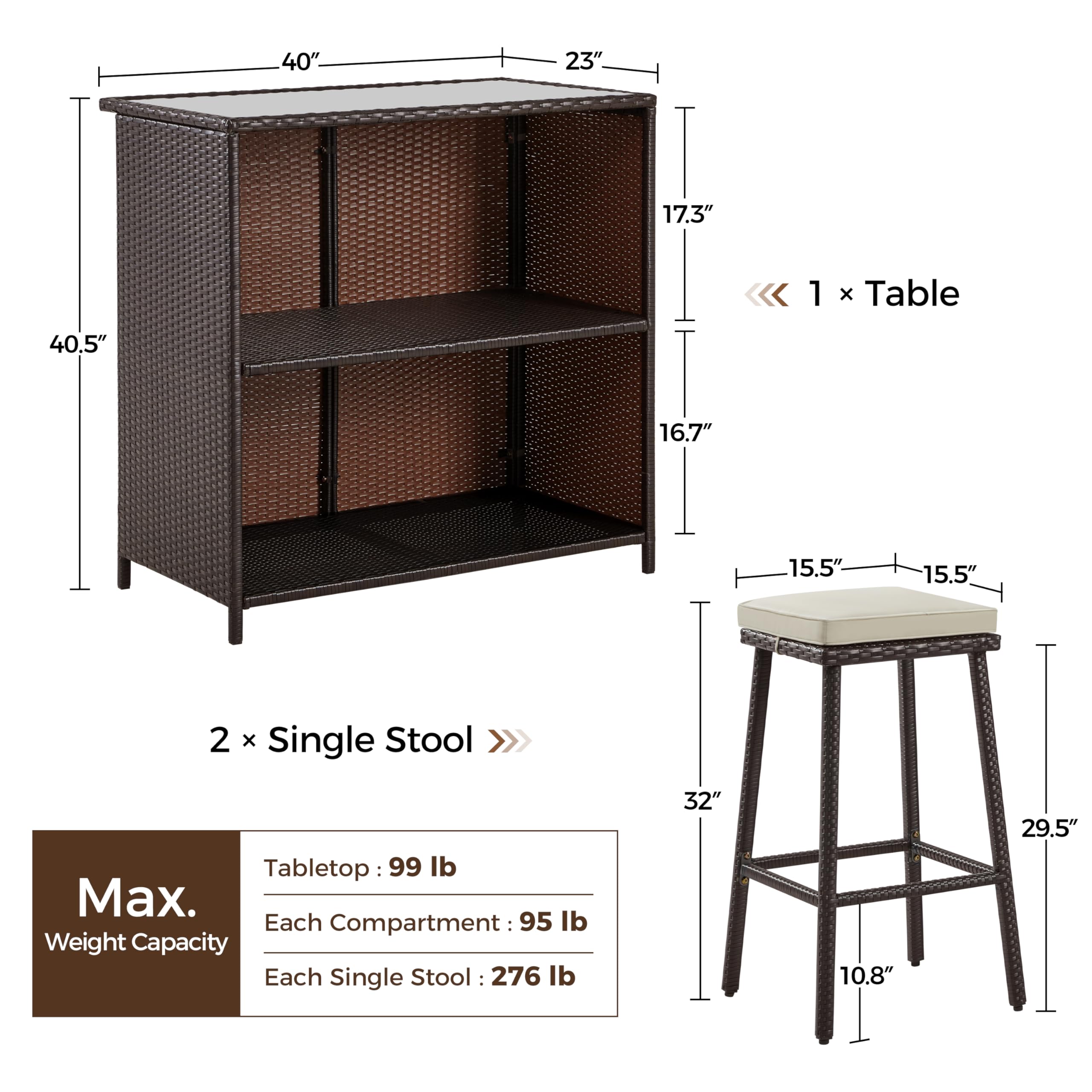 Yaheetech 3pcs Outdoor Bar Set, Patio Wicker Bar Furniture with 2 Storage Shelves, Glass Top Table, Cushions and Two Stools, Brown/Khaki