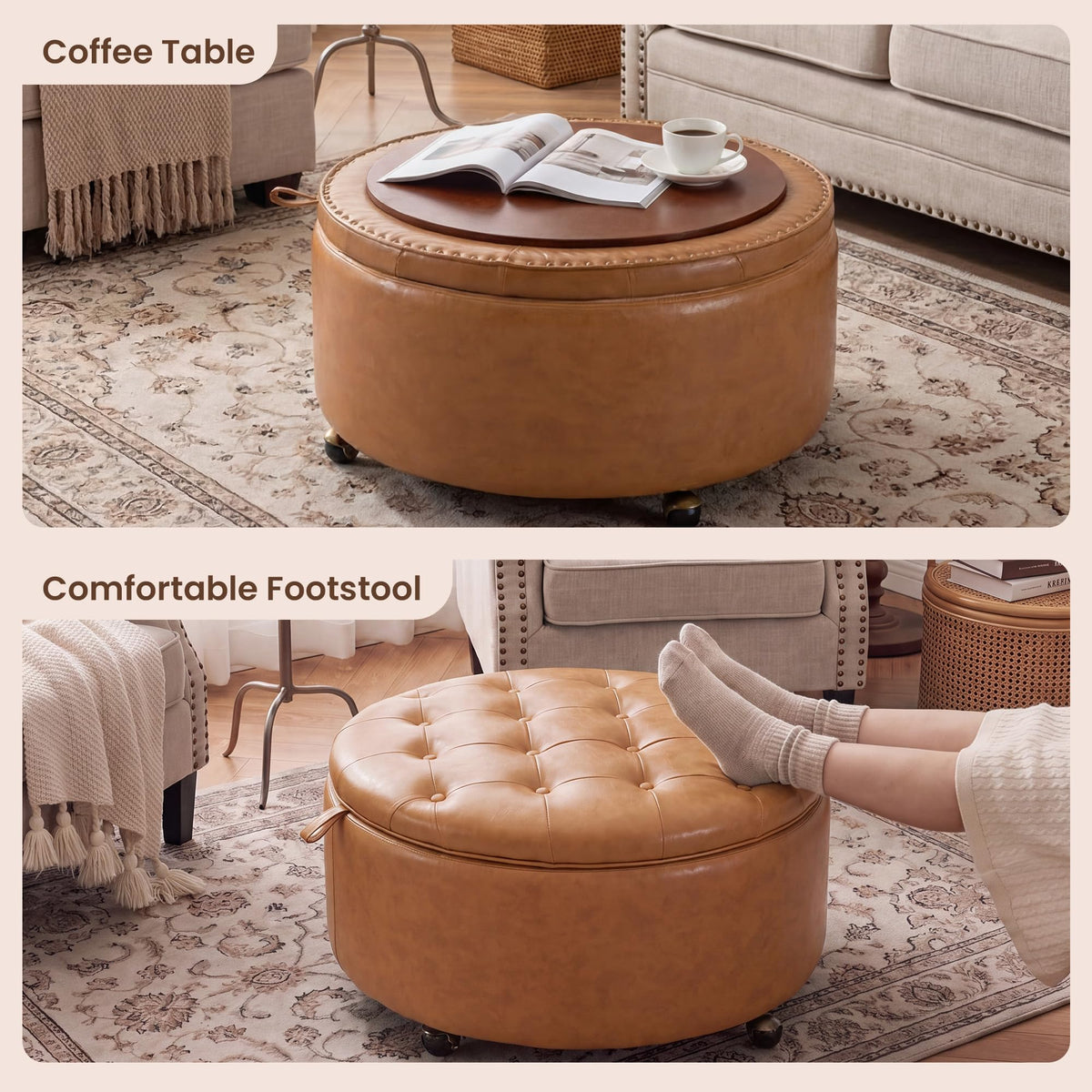 SUNBURY 29" Round Storage Ottoman, Reversible Tray, Cognac