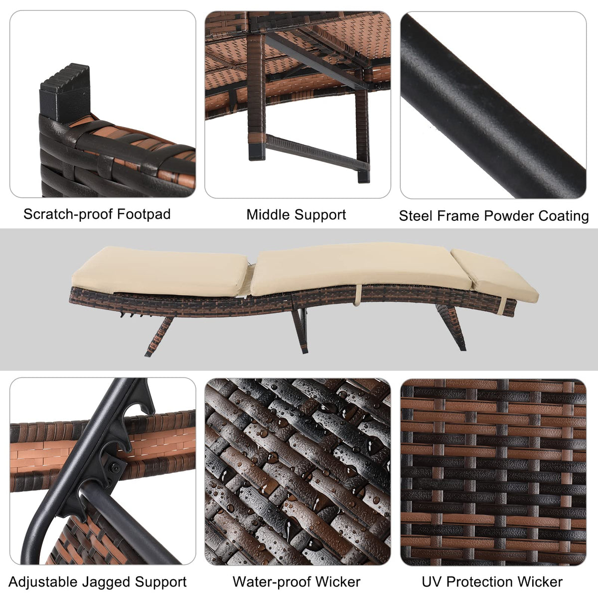 VINGLI Adjustable Patio Wicker Chaise Lounge Outdoor, Rattan Outdoor Lounge Chair, All Weather Patio Chaise Lounge with Adjustable Backrest and Soft Cushions (Brown)