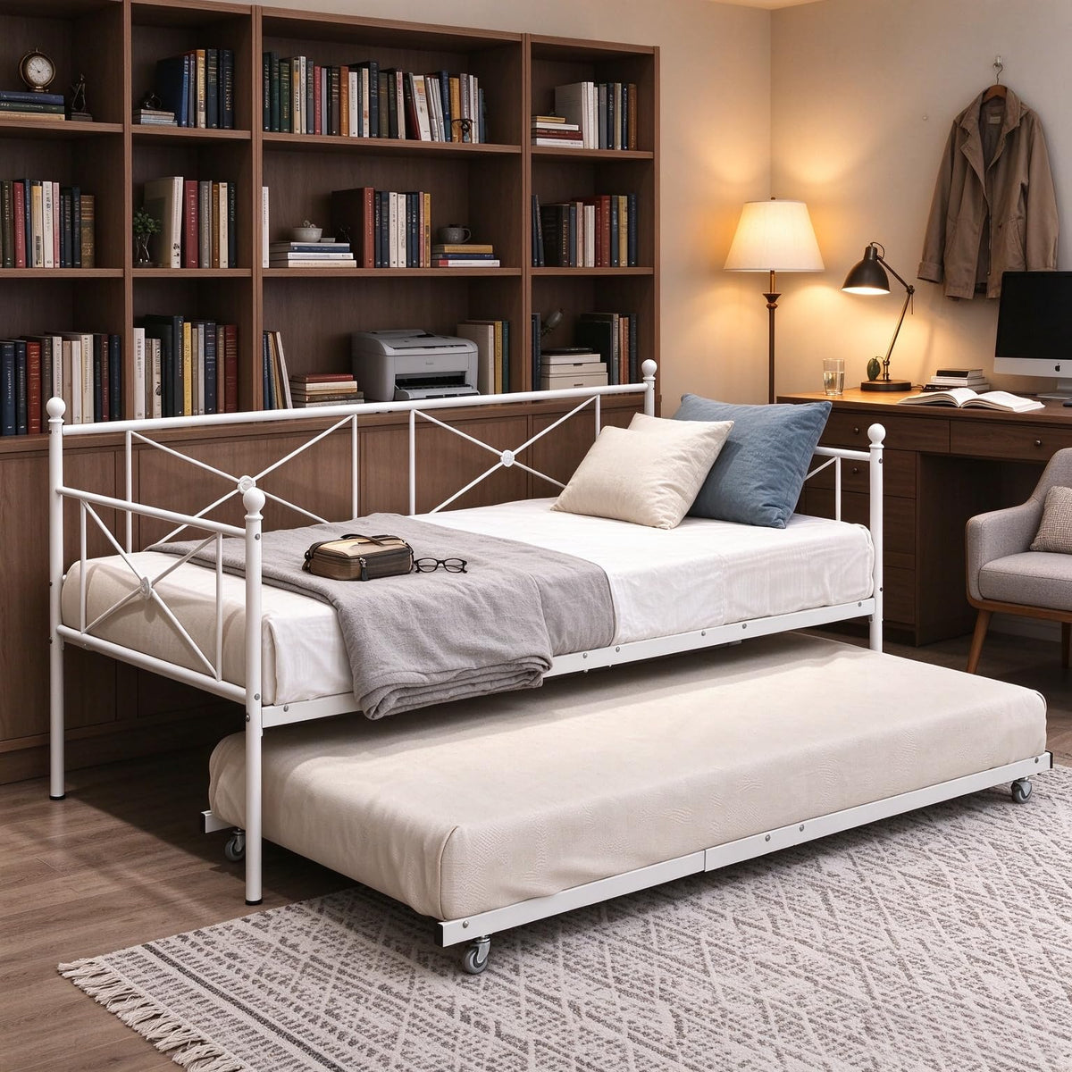 ARFARLY Sofa Bed Daybed with Trundle Premium Steel Slat Support,Multifunctional Mattress Foundation,Sofa Bed Frame with Headboard,Twin,White