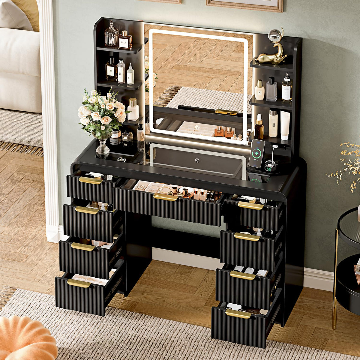 Black Fluted Makeup Vanity with LED Mirror