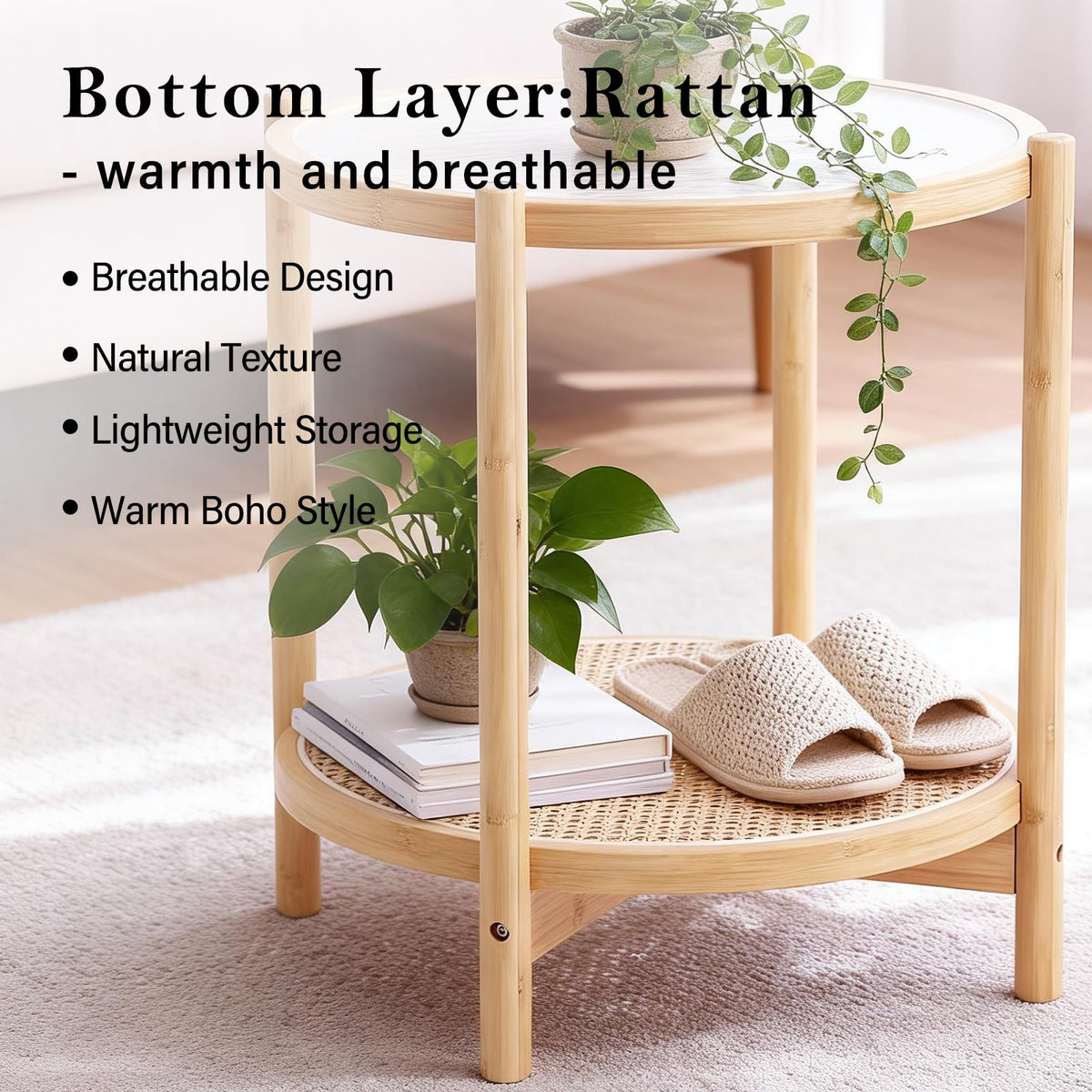 Tiita Rattan Side Table, Modern Round Bamboo End Table, Glass Top, Wood