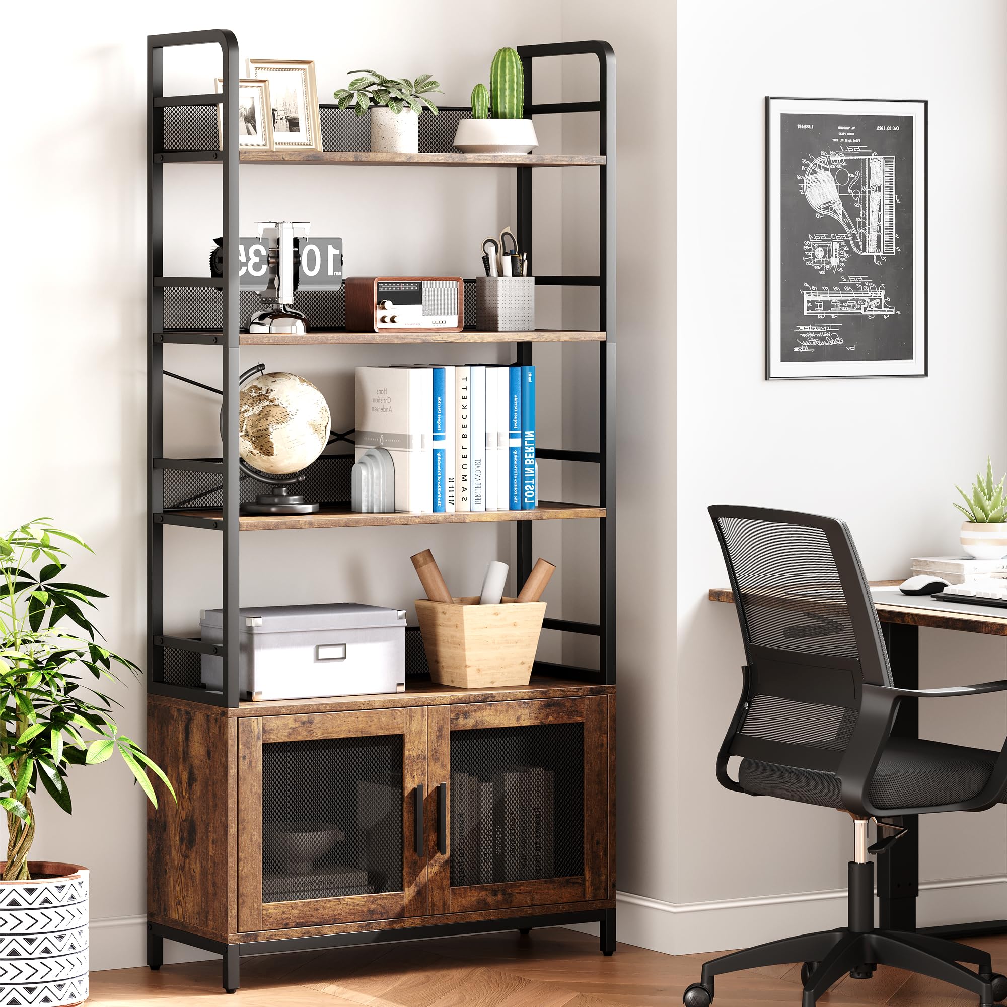 Industrial Bookshelf with Doors & 4 Open Shelves