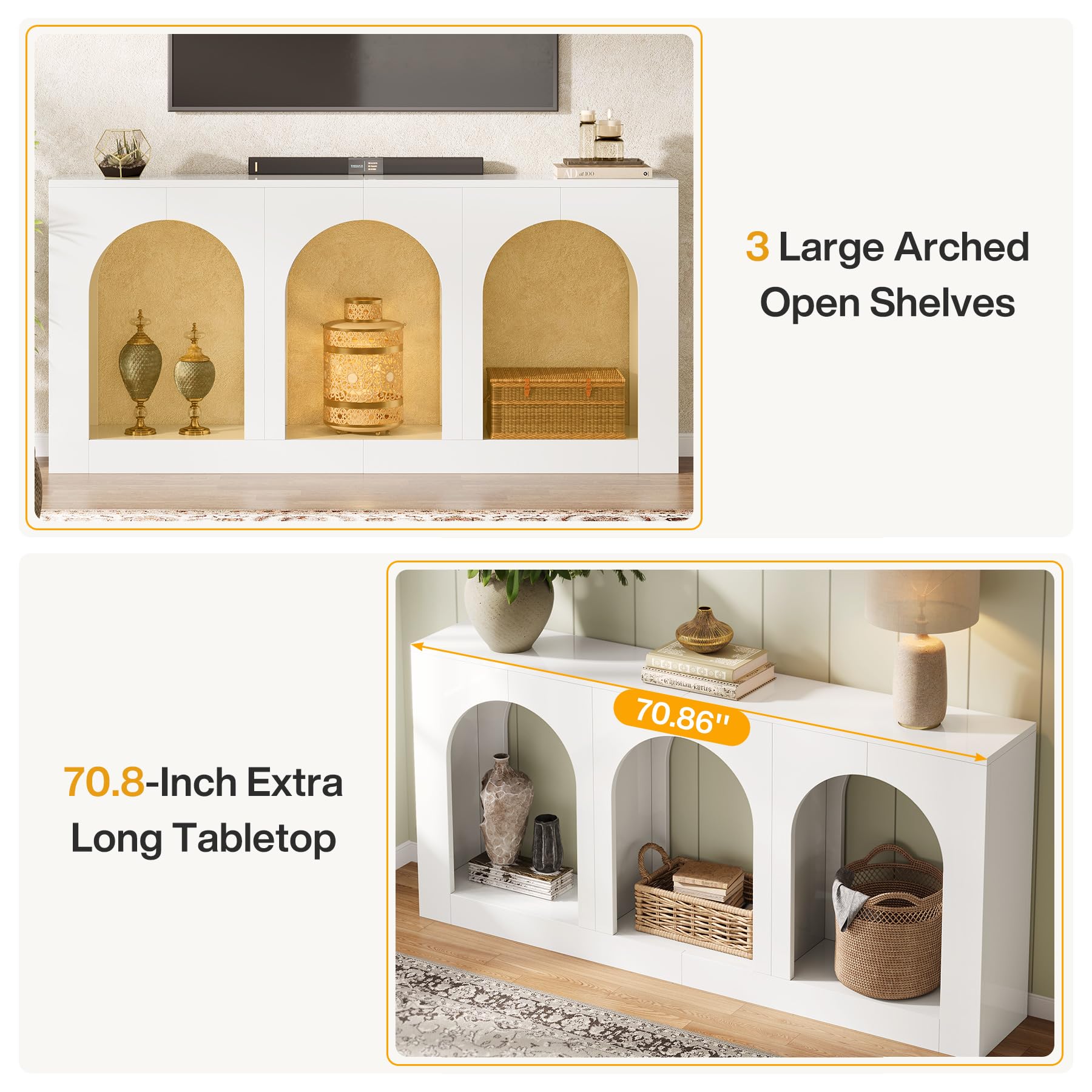Tribesigns 70.9" White Console Table with Storage, Wood Entryway Entry Table with 3 Arched Shelves for Foyer, Hallway, Living Room, Behind Couch Sofa, Narrow Long