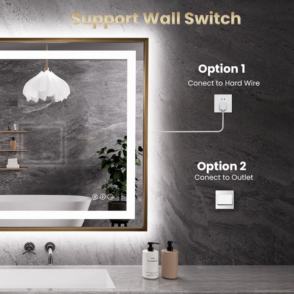 Amorho 55"X36" LED Bathroom Mirror with Front Lit and Backlit(Brushed Gold)