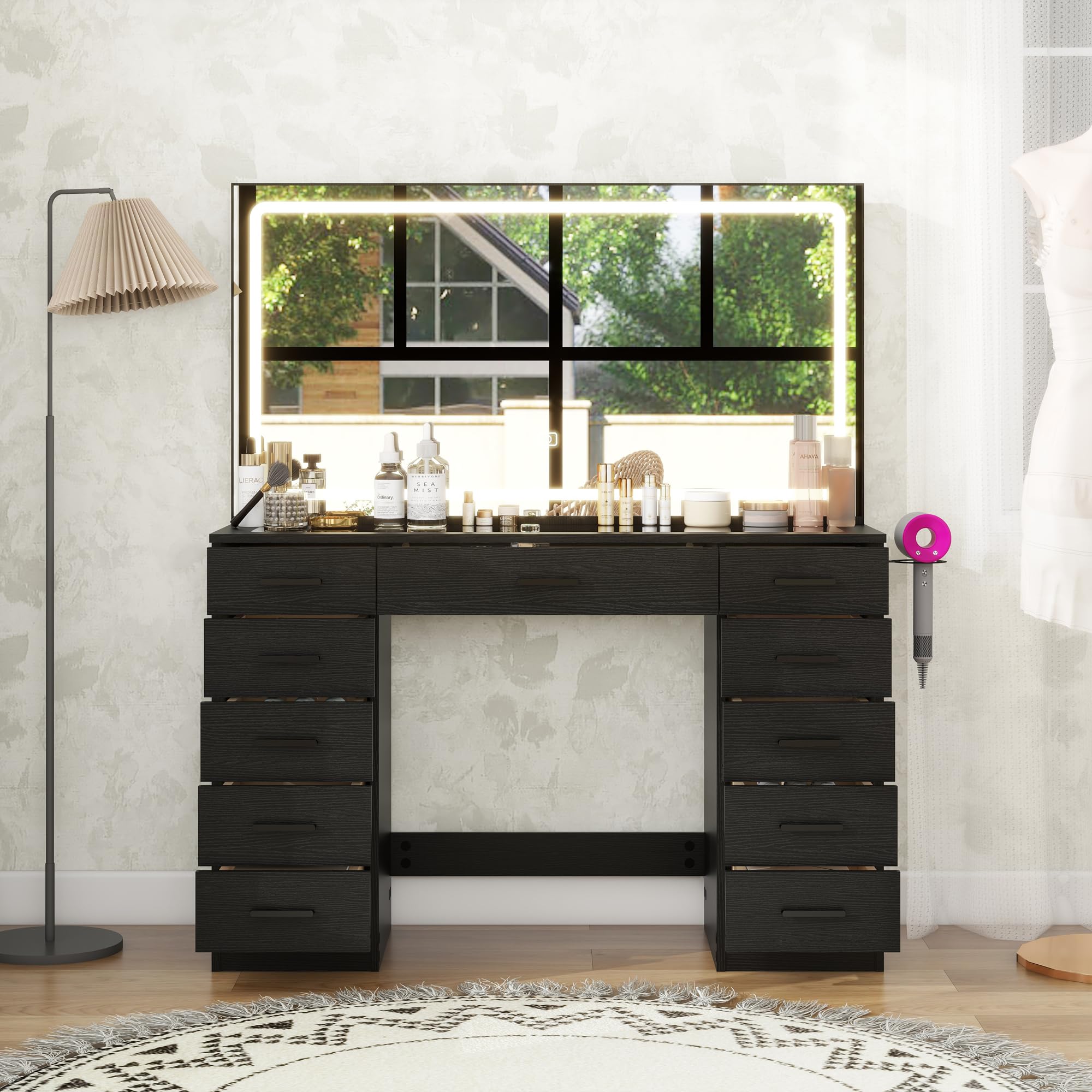 Panana Vanity Desk with 11 Drawers, Glass Top Makeup Table with Mirror and LED Lights Vanity with Stool 3 Lighting Modes Brightness Adjustable Dressing Table with Power Outlet (Black)