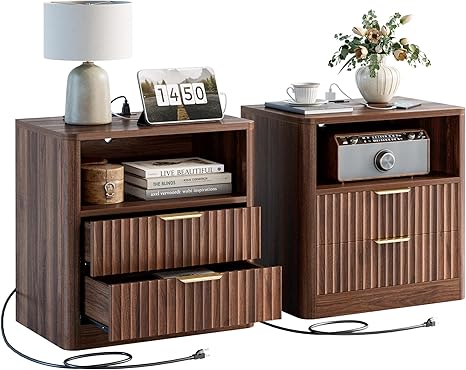 Fluted Nightstand Set of 2 with Charging Station