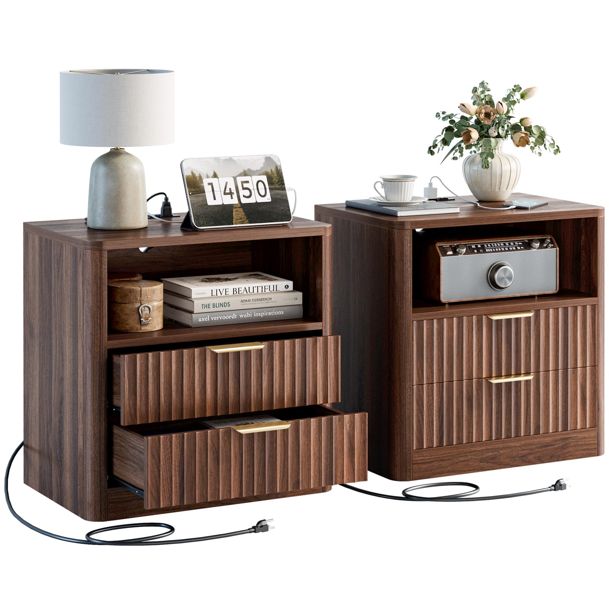 Fluted Nightstand Set of 2 with Charging Station