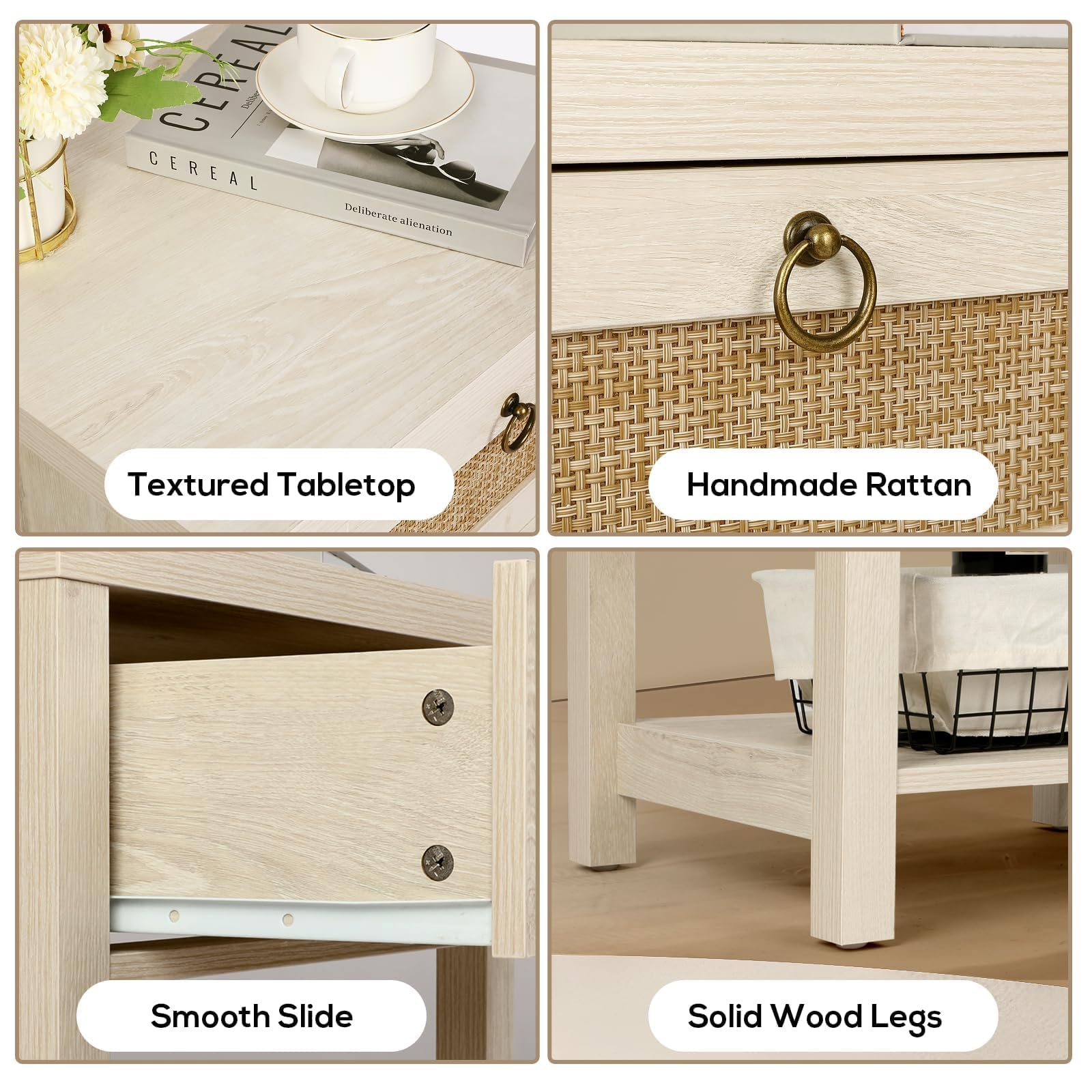 VOWNER Rattan Nightstands Set of 2 - Farmhouse Bedside Table Night Stand with Drawer and Storage Shelf, Boho End Side Table for Bedroom, Mesitas De Noche para Dormitorio, Light Oak