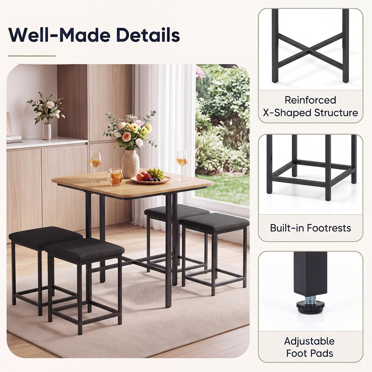 COSTWAY Dining Table Set for 4, Kitchen Table with Stools (Natural & Black)