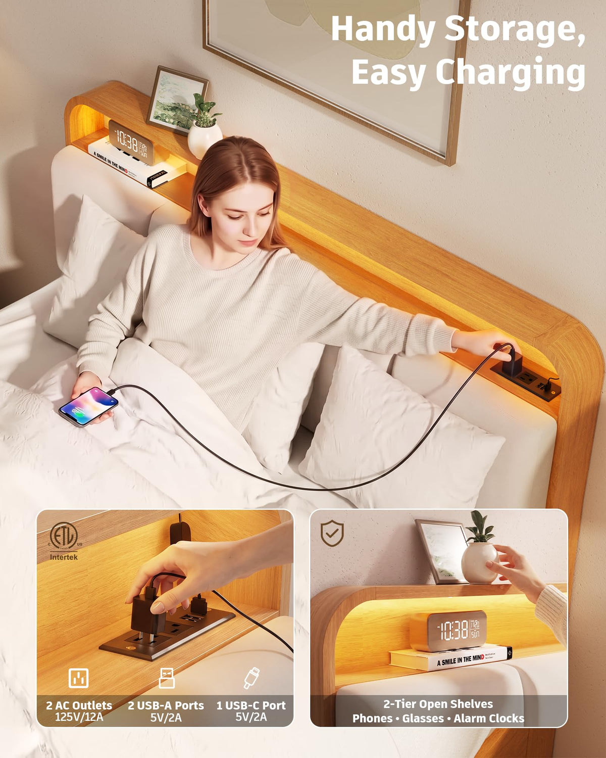 Queen Size Wood Upholstered Platform Bed Frame w/ USB Ports & LED Lights