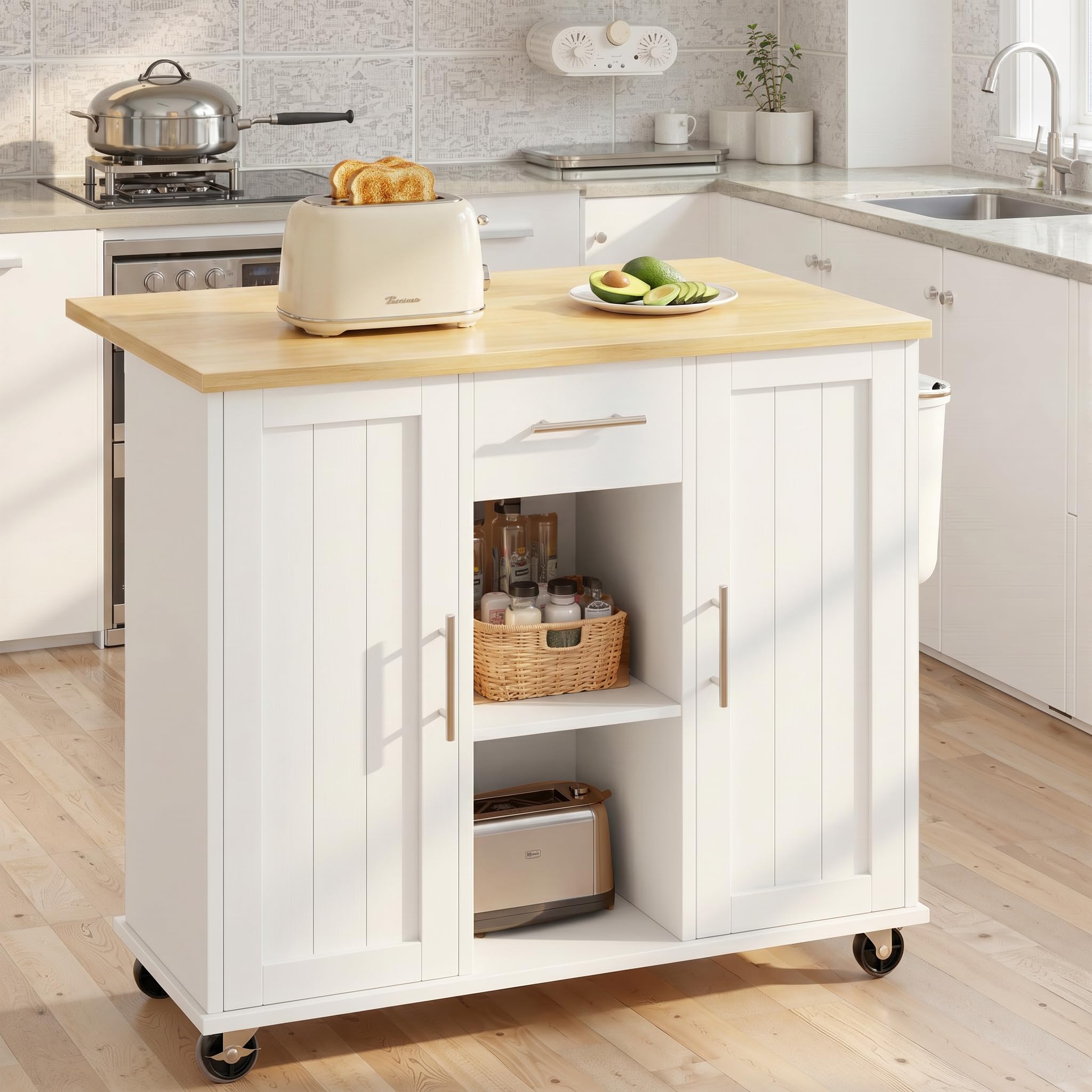 SUNLEI Island Table for Kitchen with Storage, Portable Kitchen Island Cart with Drop Leaf, Rolling Kitchen Island Table with Drawer, Cabinet & Towel Rack, Farmhouse Kitchen Island, White