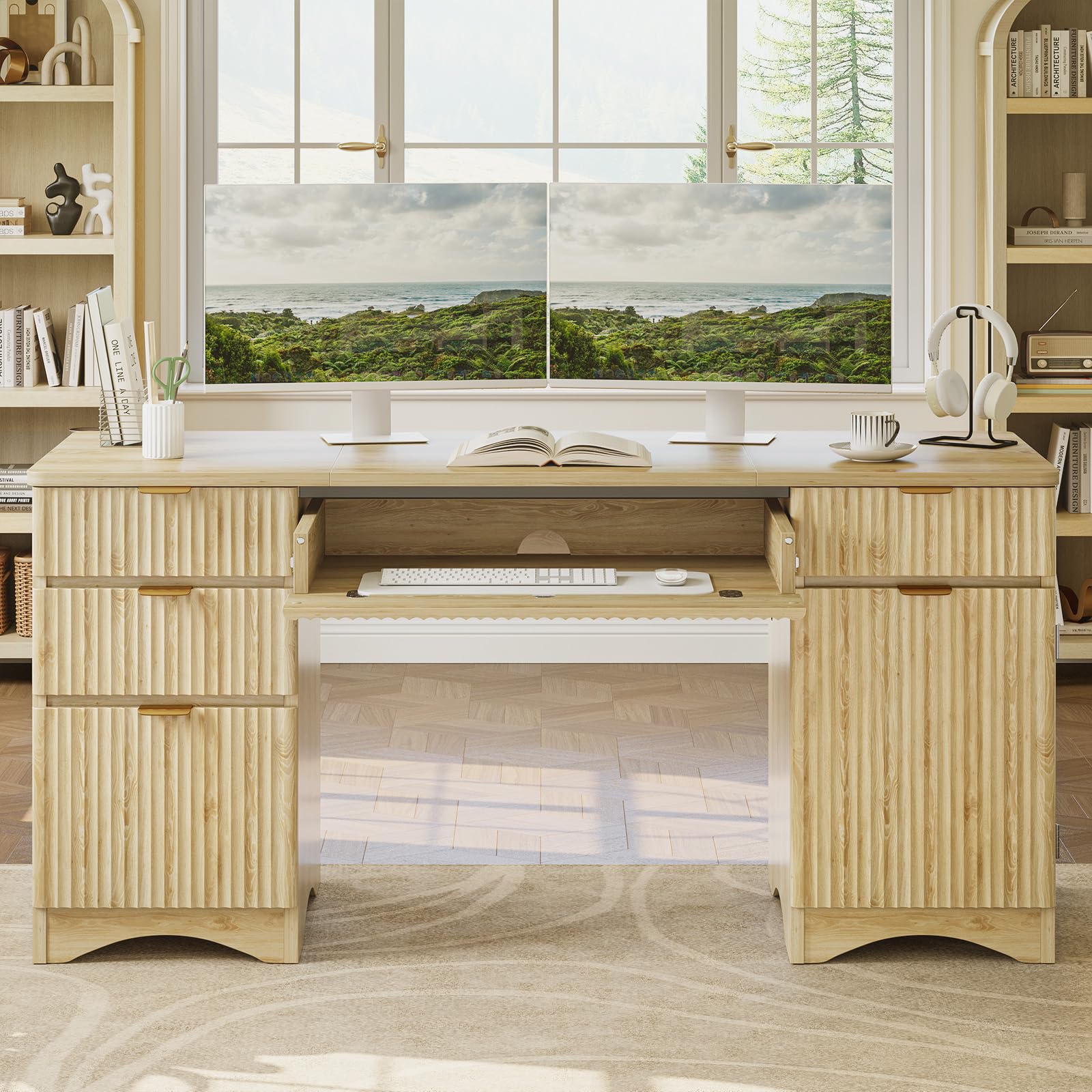 63" Fluted Executive Desk with Drawers & Storage Cabinet
