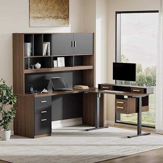 Electric Standing Desk Set with Hutch & Executive Desk