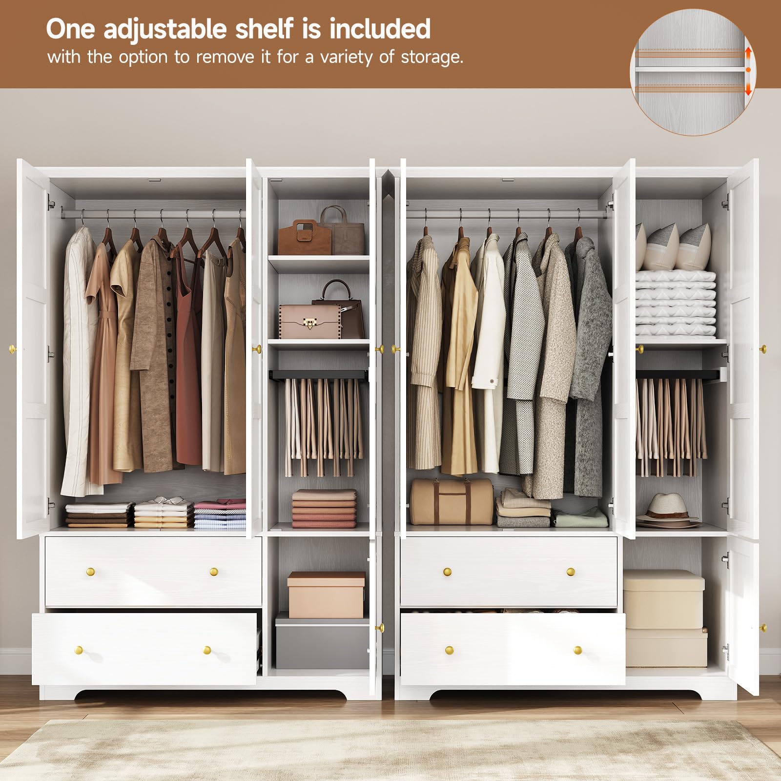 ONBRILL 3 Doors Wooden Wardrobe Closet Armoire with Pull Out Pants Rack, Bedroom Large Capacity Armoire with Drawers and Shelves, Storage Cabinet for Hanging Clothes, White