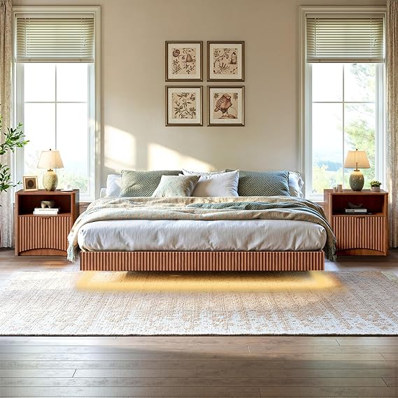 Fluted Floating Bed Frame with LED Lights & 2 Nightstands