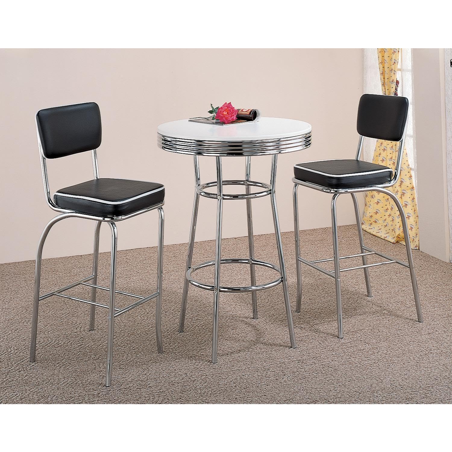HomeStock Rustic Romance 50'S Soda Fountain Bar Table with Chrome Base and White Top, Perfectly Sized at 41.75" H X 30" W X 30" D for Drinks and Snacks, Adding Retro Style to Your Space