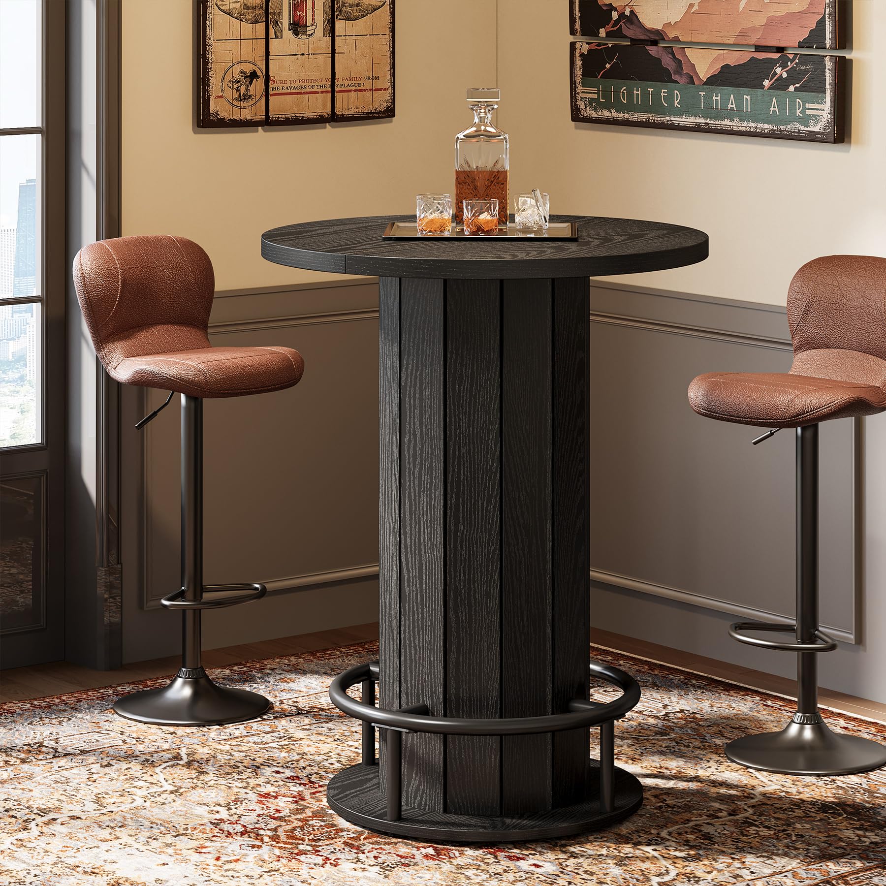 Farmhouse Round Bar Table with Metal Ring Footrest