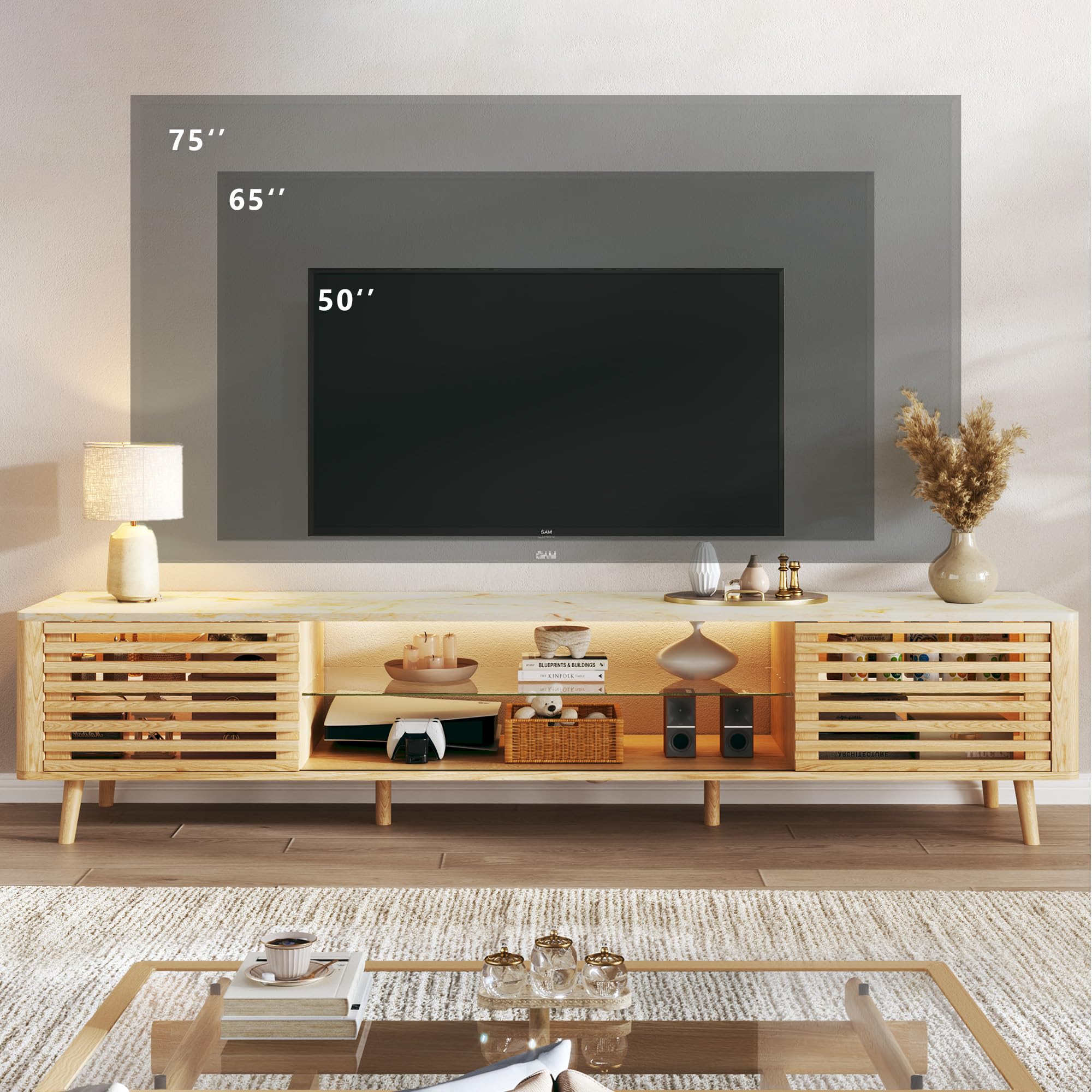HUAHUU 70" TV Stand for 55/65/75 Inch TV, Faux Marble Top Entertainment Center with Slatied Sliding Door & LED Lights, Mid Century Modern Style, Low TV Console with Glass Shelves for Bedroom