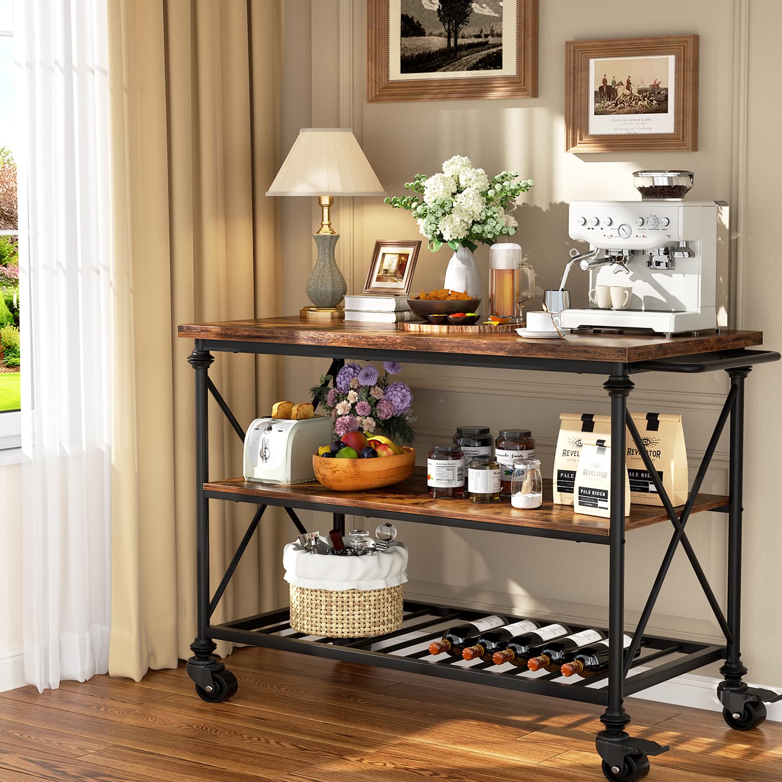 3-Tier Rolling Kitchen Island with Pipe Legs