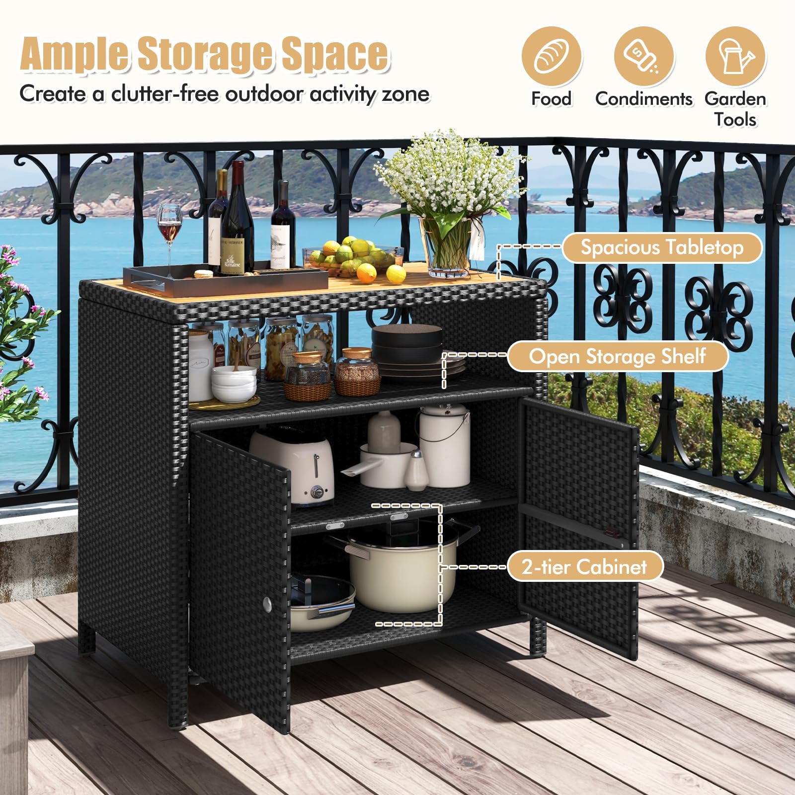 RELAX4LIFE Wicker Outdoor Bar Cabinet - PE Rattan Patio Bar Table w/Acacia Wood Countertop, Open Shelf & 2 Doors, Buffet Sideboard Organizer for Garden Backyard Pool, Outside Storage Cabinet (Black)