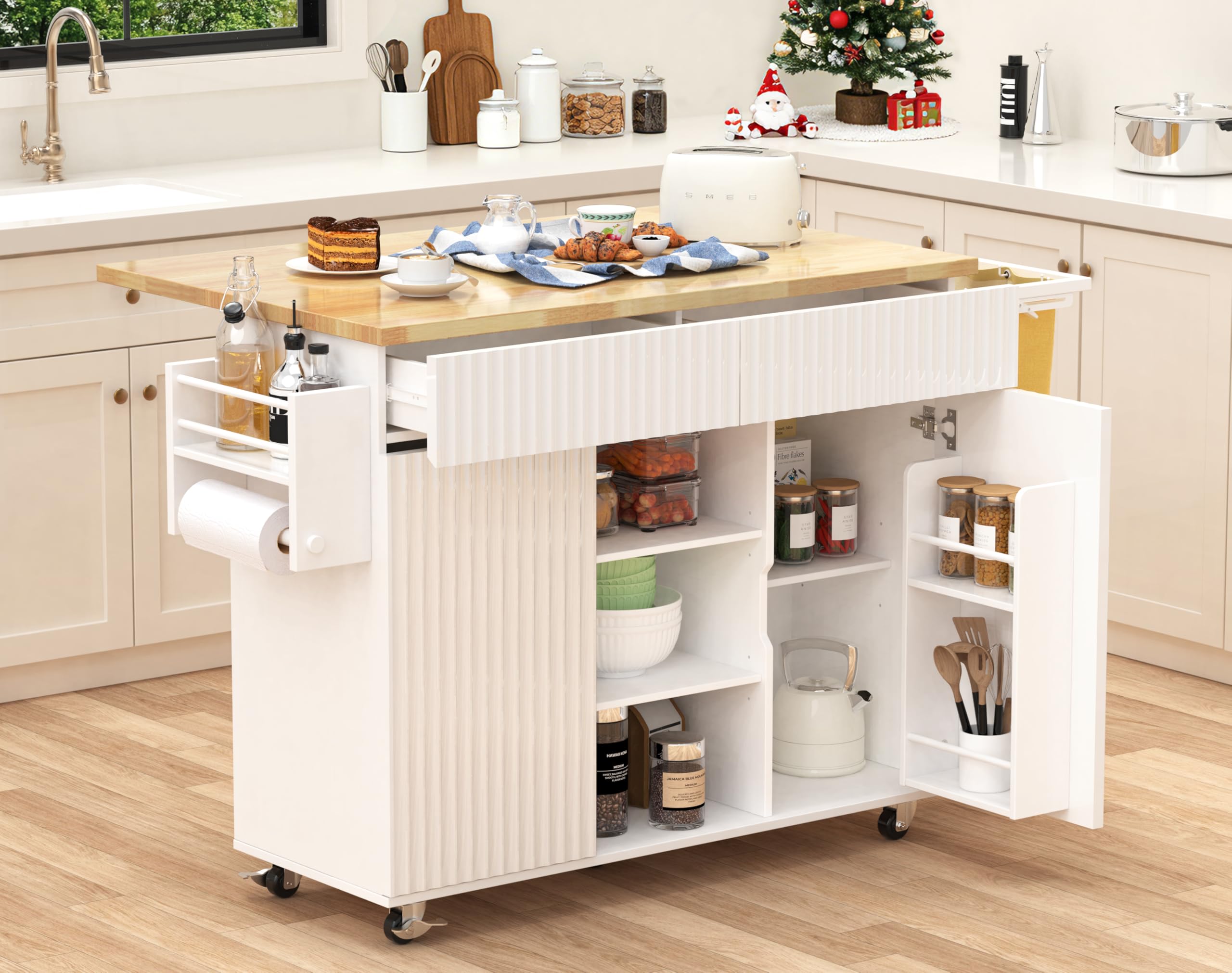 Linkriseed 43.3" x 29.5" Kitchen Island with Drop Leaf, Rolling Kitchen Island on Wheels with Removable Trash Bag, Kitchen Island Cart with Storage Cabinet, Drawers & Spice Rack, White