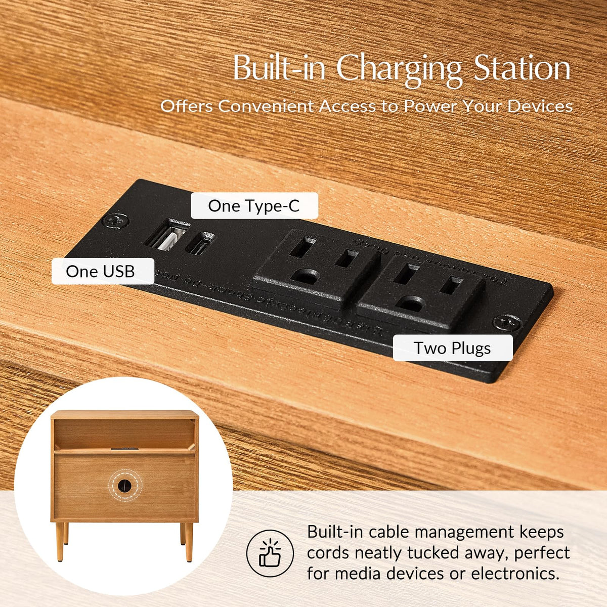 HULALA HOME 3 Drawer End Table with Charge Station, Set of 2, Oak