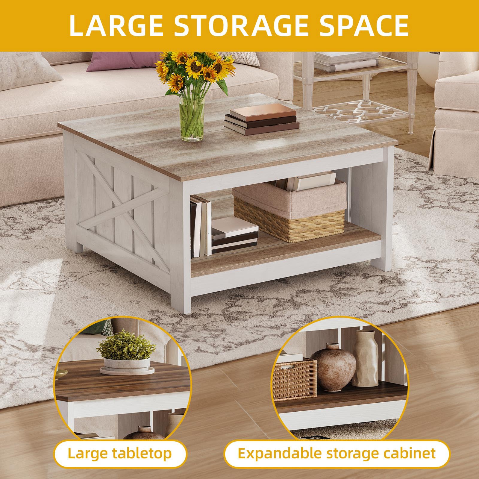 DWVO Square Coffee Table for Living Room, Farmhouse Coffee Table with Storage, 2-Tier Wood Coffee Tables Center Table with Half Open Storage Compartment, Grey Wash