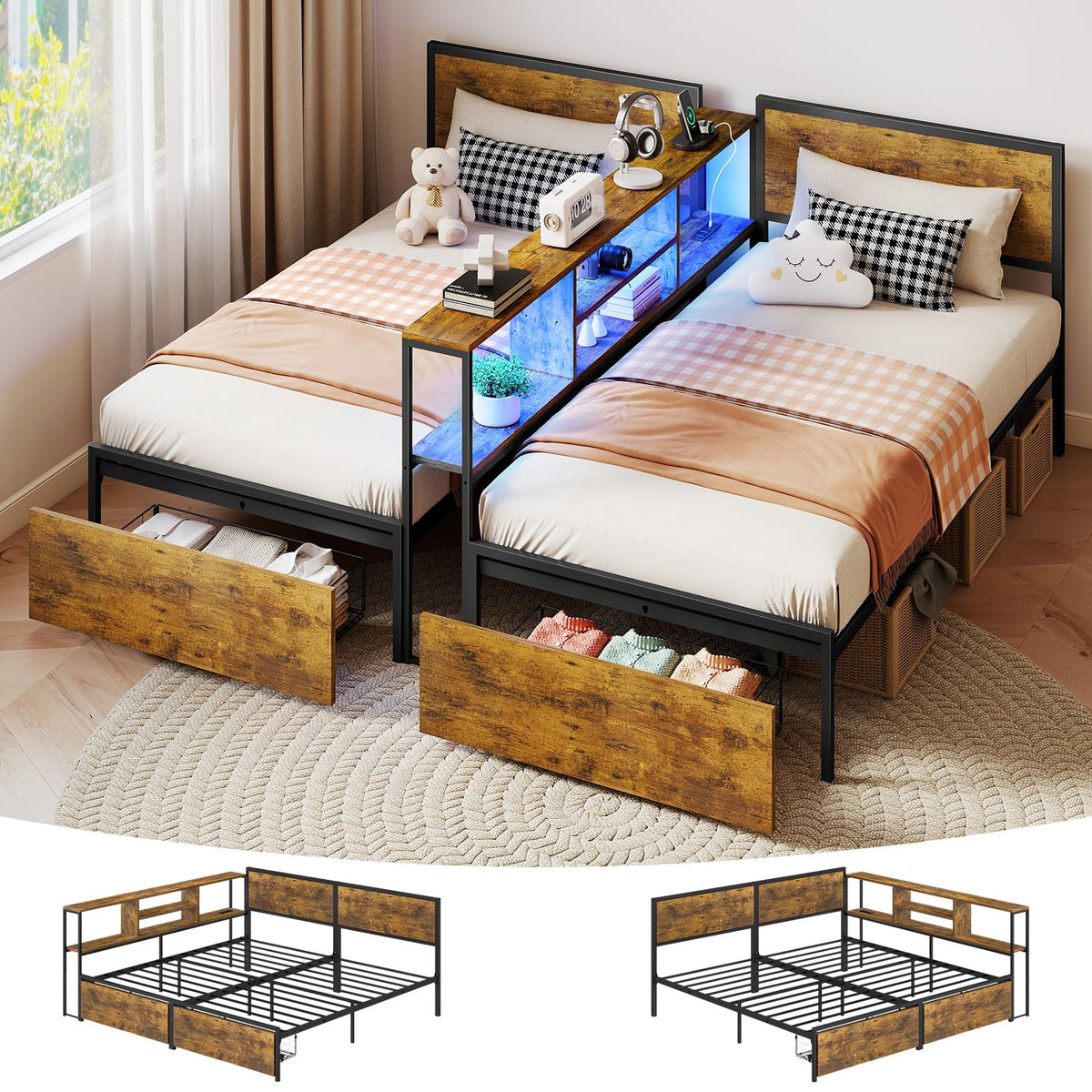 Zevemomo Twin Bed Frames w/Storage Drawers, Headboard for 2 Teens