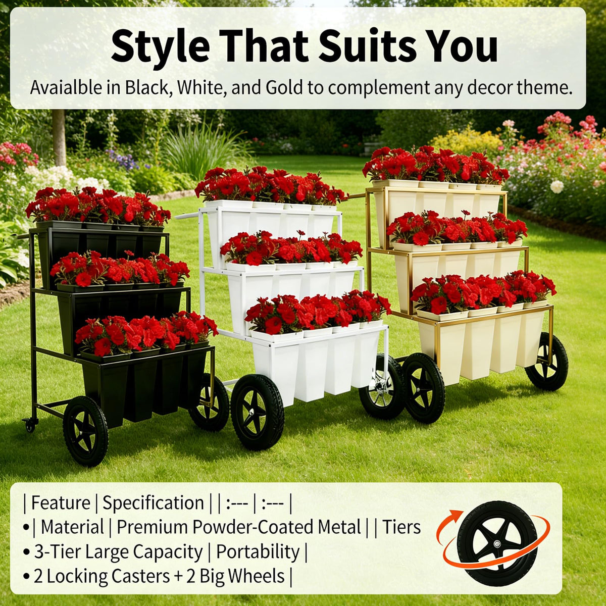 VITNSVILE Gold Mobile Metal Plant Stand, 360 Rolling Flower Rack