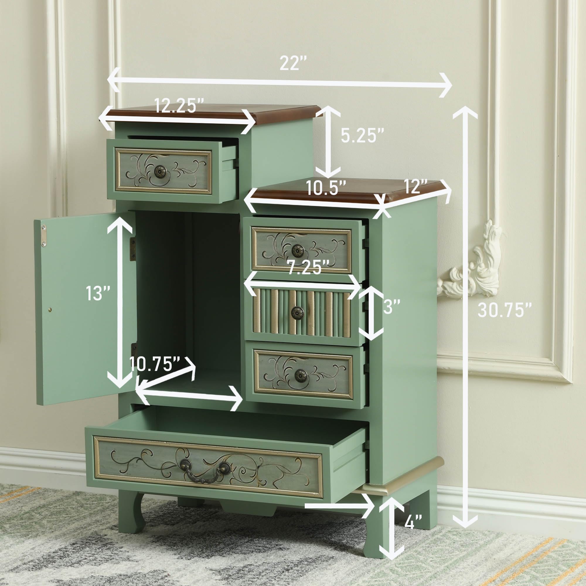 Vintage Accent Cabinet with 5 Drawers & Door – Carved Wood Storage Dresser
