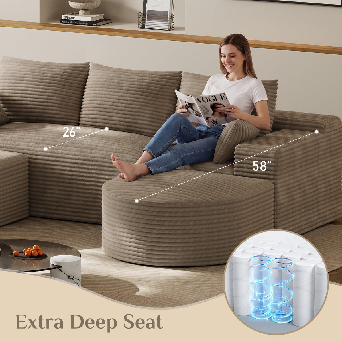 U-Shaped Modular Boneless Sectional Sofa with Curved 2 Ottomans, Dark Brown