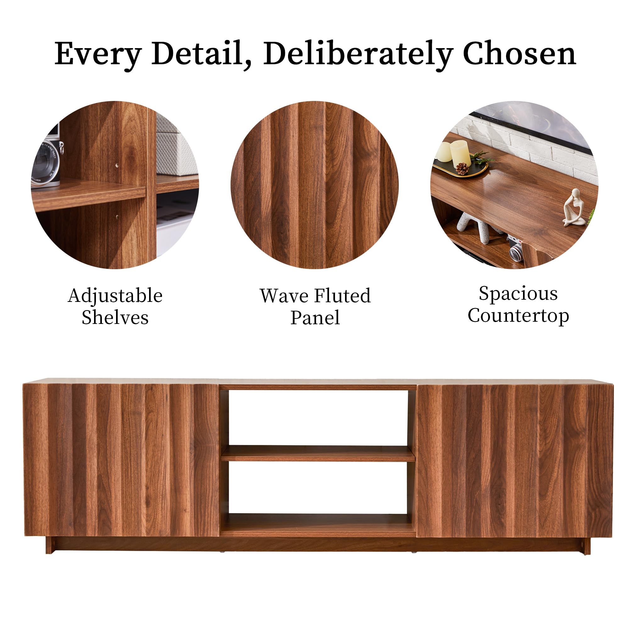 Bifins 61 inch TV Stand for Televisions up to 65 Inches, Mid Century Modern Fluted Entertainment Center TV Console Table with Storage and Adjustable Shelve for Living Room Bedroom (Walnut)