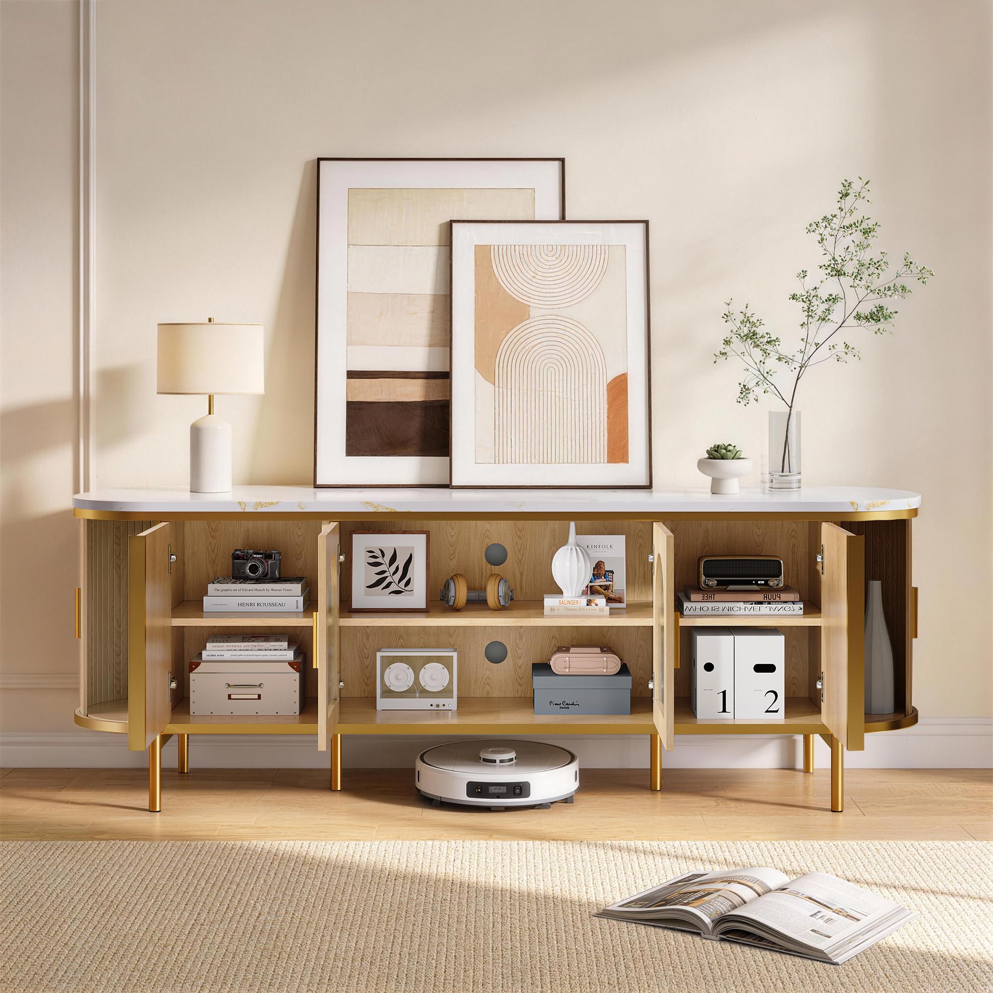 MXV 70" Fluted TV Stand for TVs up to 80", Mid Century Modern Entertainment Center with Sliding Doors & Glass Door, TV Console Table with Faux Marble Top for Living Room, Oak