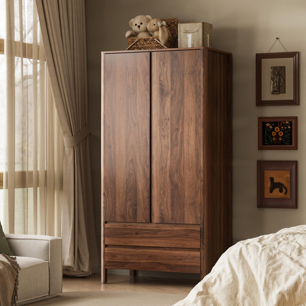 Walnut Wardrobe with 2 Drawers