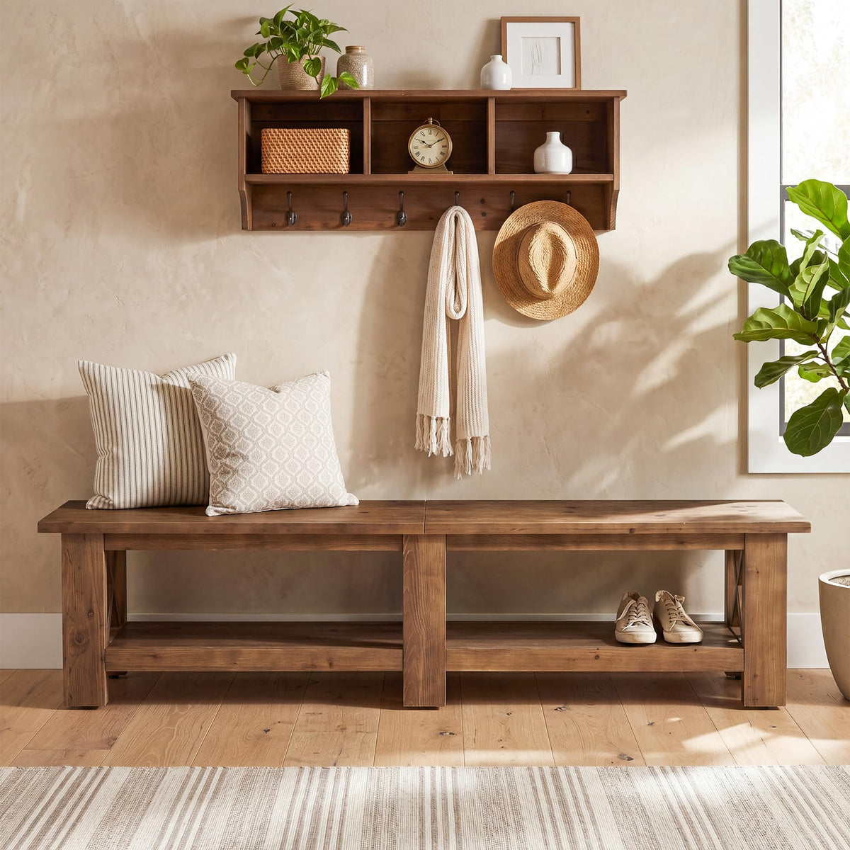 TRIBEWOOD 70.87" Solid Wood Entryway Shoe Bench, Extra Long Storage Bench