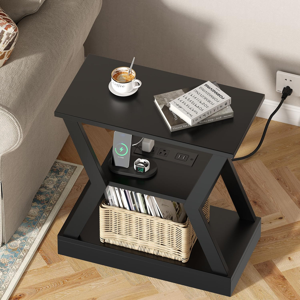 23.6" End Table with Charging Station Set of 2, 3-Tier Nightstand with USB Ports and AC Outlets, Small Space Side Tables for Living Room, Bedroom, or Couch, 3 Tier End Tables with Storage Shelf, Black