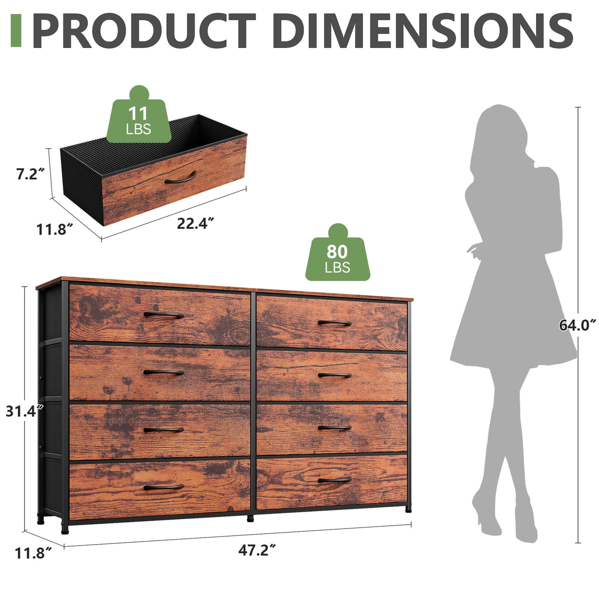 Furnulem Long Dresser for Bedroom, TV Stand for 55'', 8 Drawer Dorm Dresser
