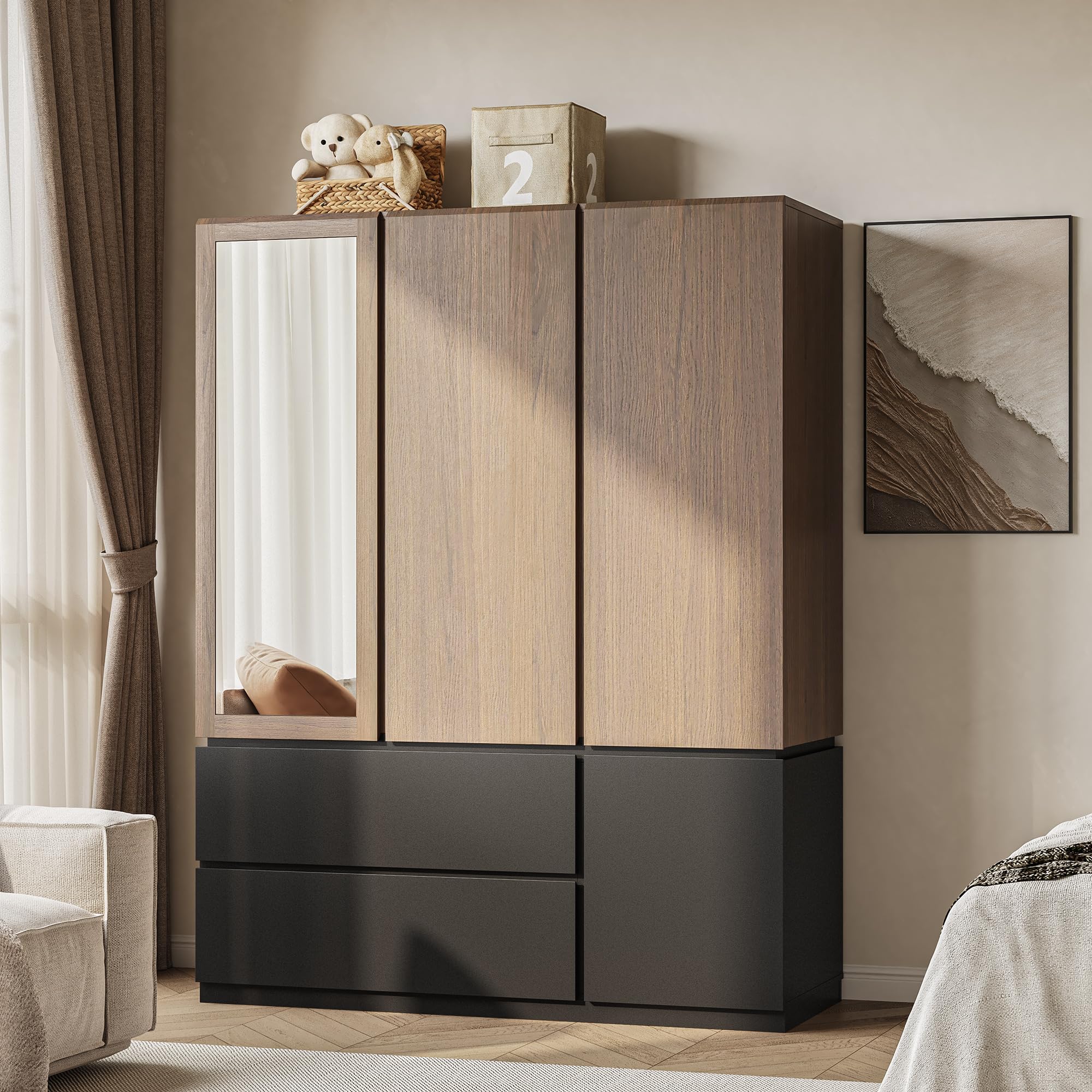 ModernMate 71" Wardrobe Armoire Closet with Mirror & 2 Drawers, Freestanding 3-Door Wooden Closet with 2 Hanging Rods, Steel Ball Slides, Compact Storage Cabinet for Bedroom, Rental, Apartment, Dorm