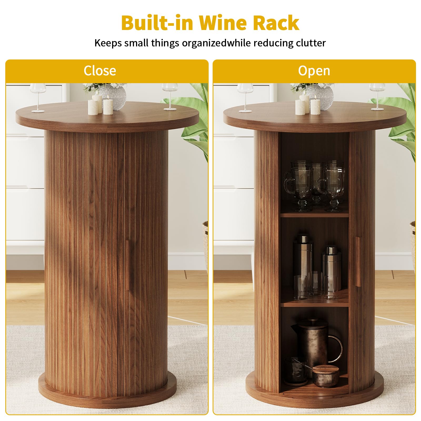 ALWXIA Round Bar Table with 3-Tier Hidden Storage Shelves Slide Door, 36.4'' High Top Bistro Table Cocktail Table for Small Bars, Dining Room, Living Room (Walnut)