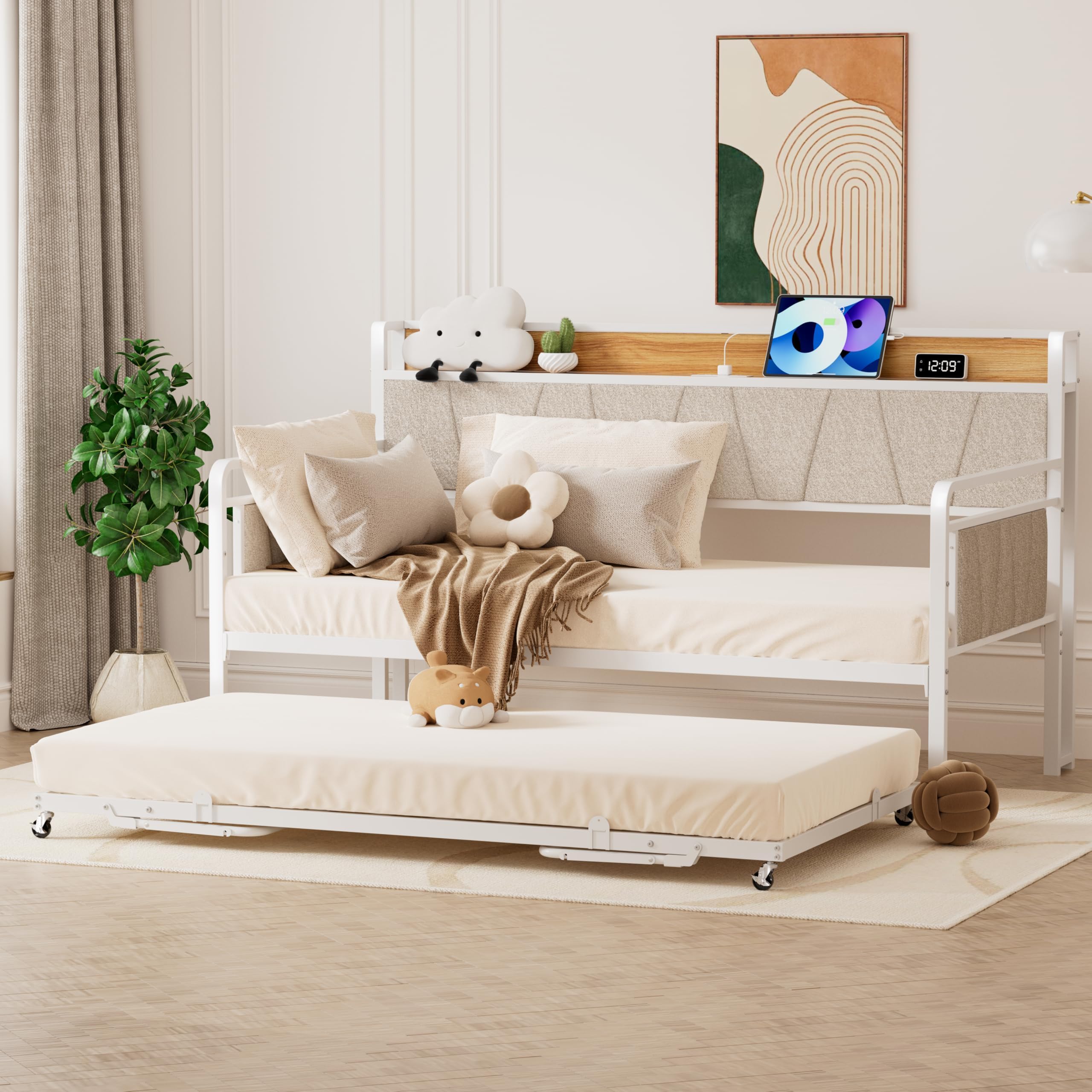 knocetx Twin Daybed with Trundle, Modern Twin Size Sofa Day Bed, Sturdy Metal Bed Frame with Upholstered Headboard for Living Room, Bedroom, Studio Apartment (White)