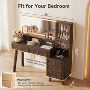 Furmax 48" Makeup Vanity Desk with Large Mirror and Lights,Big Wood Vanity Table with 5 Drawers＆Glass Storage Cabinet with Adjustable Shelves,Dressing Table with Charging Station for Bedroom (Walnut)