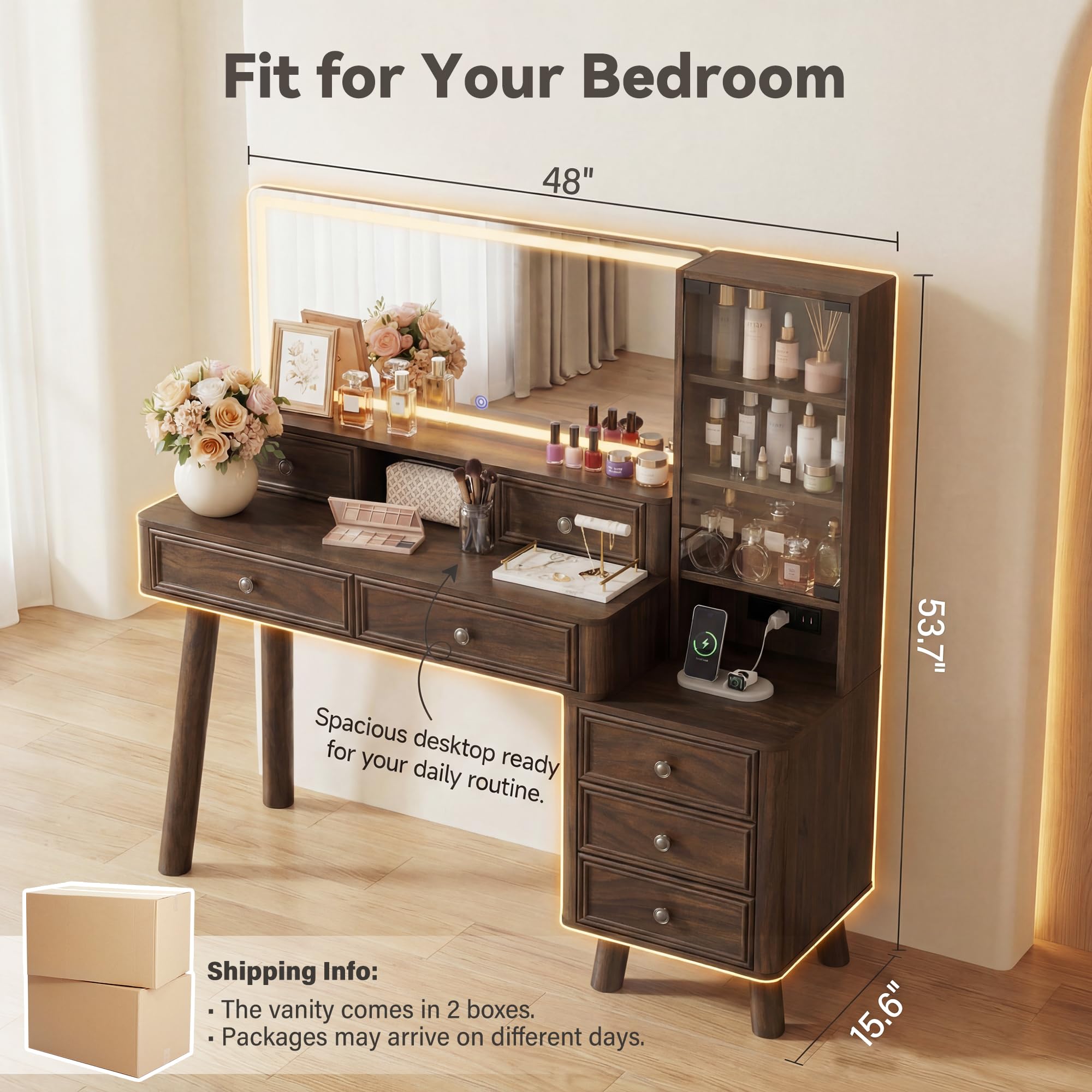Furmax 48" Makeup Vanity Desk with Large Mirror and Lights,Big Wood Vanity Table with 5 Drawers＆Glass Storage Cabinet with Adjustable Shelves,Dressing Table with Charging Station for Bedroom (Walnut)