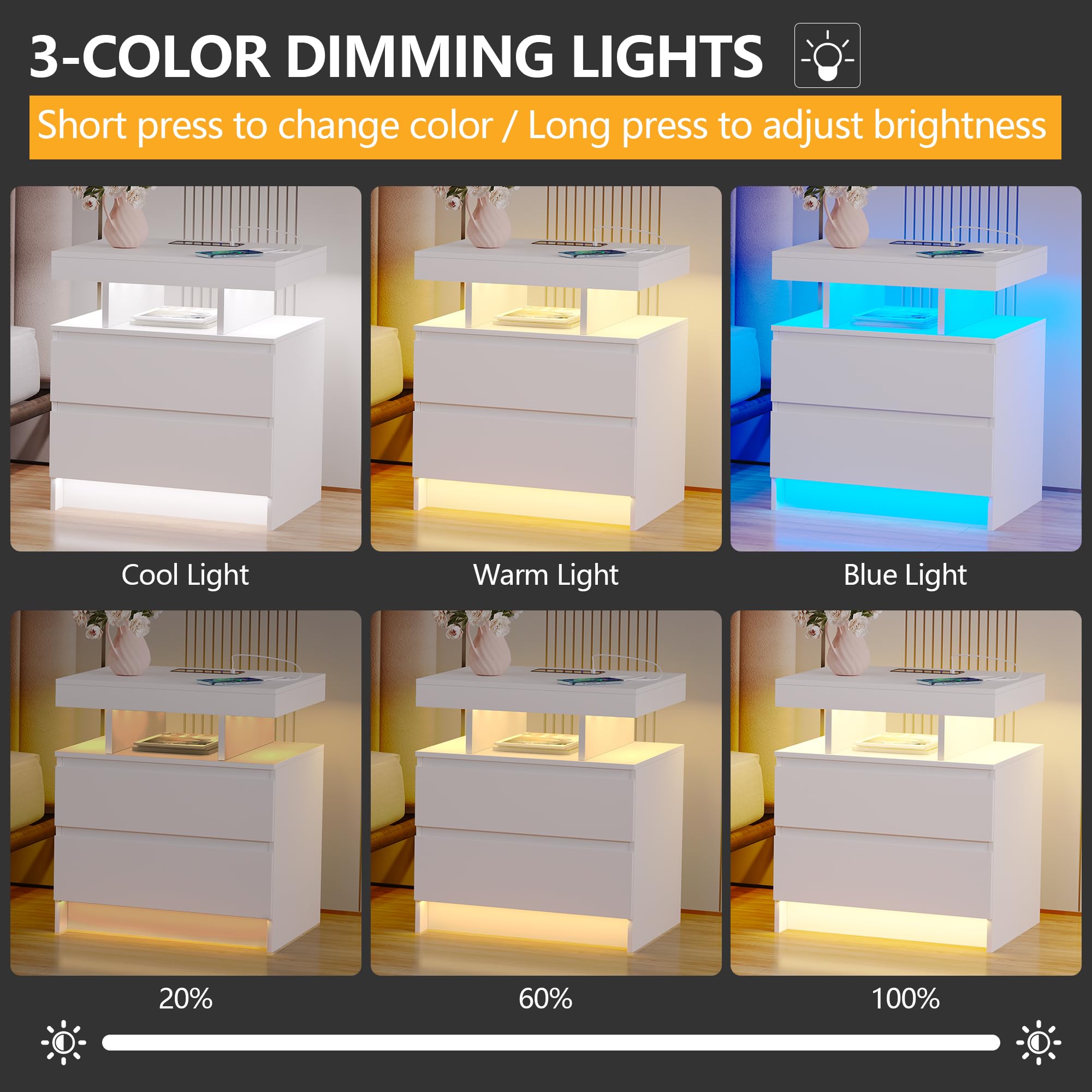 dnbss Nightstand with Charging Station and LED Light, Modern Night Stand with 2 Drawers, Smart Nightstand with USB Ports and Wireless Charger, Bedside Table for Bedroom, White