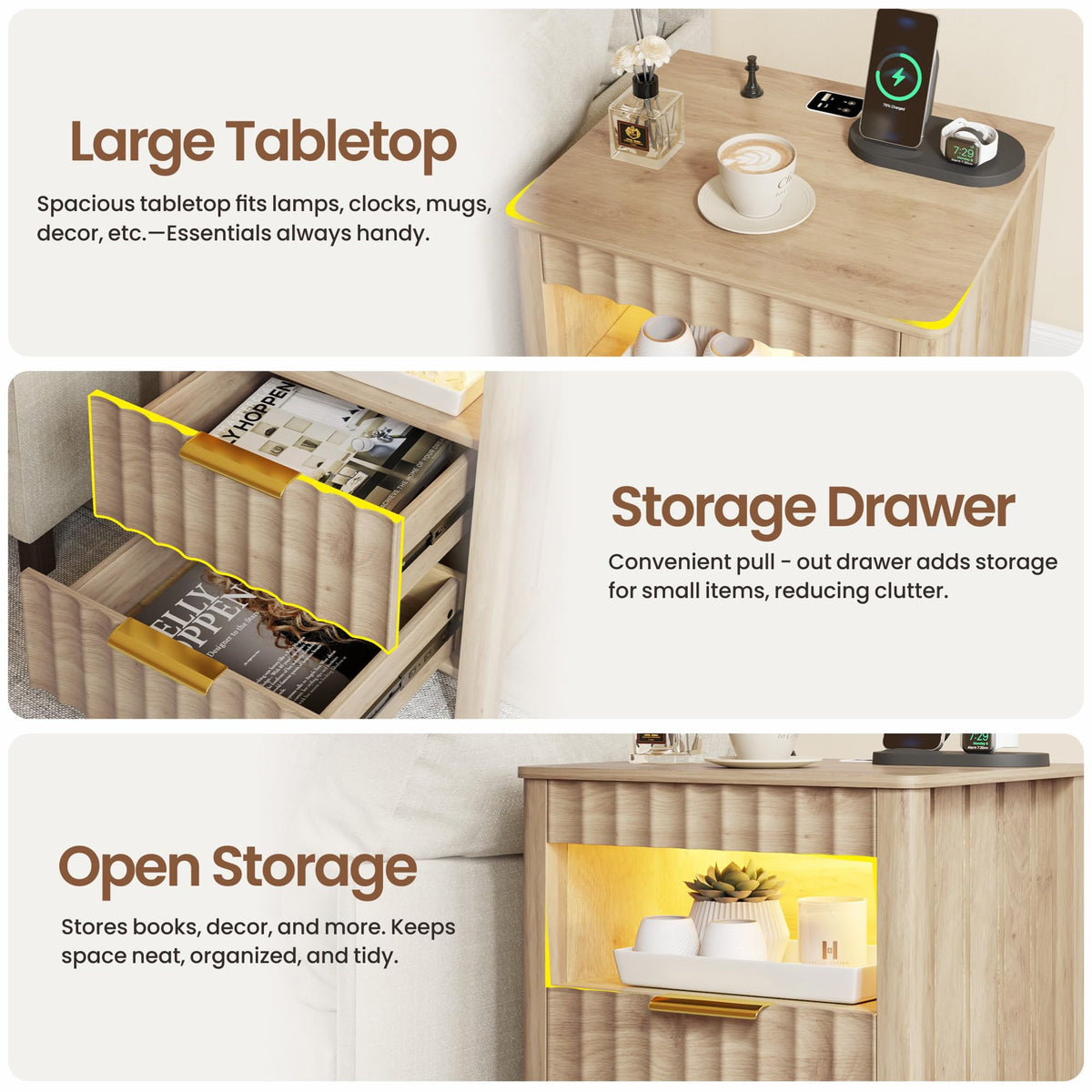 Dystler Nightstand with Charging Station & Gun Drawer for Bedroom, Wood