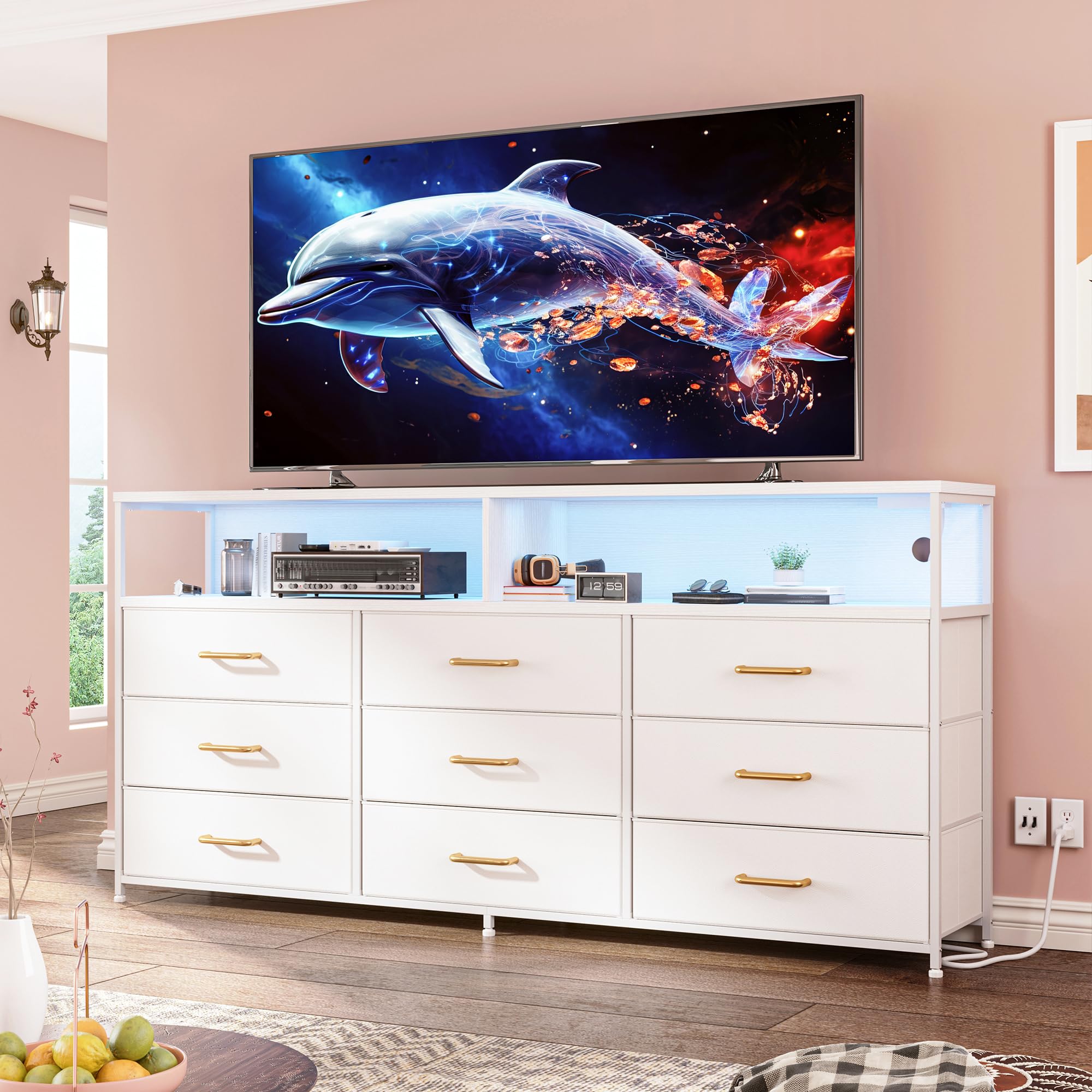 EnHomee 55" W White Dresser for Bedroom with Charging Station & LED Light, 65 Inch TV Stand with 9 Fabric Drawers, Sturdy Dressers & Chest of Drawers with 2 Wood Open Shelves,55.12" Wx11.81 Dx35.43 H