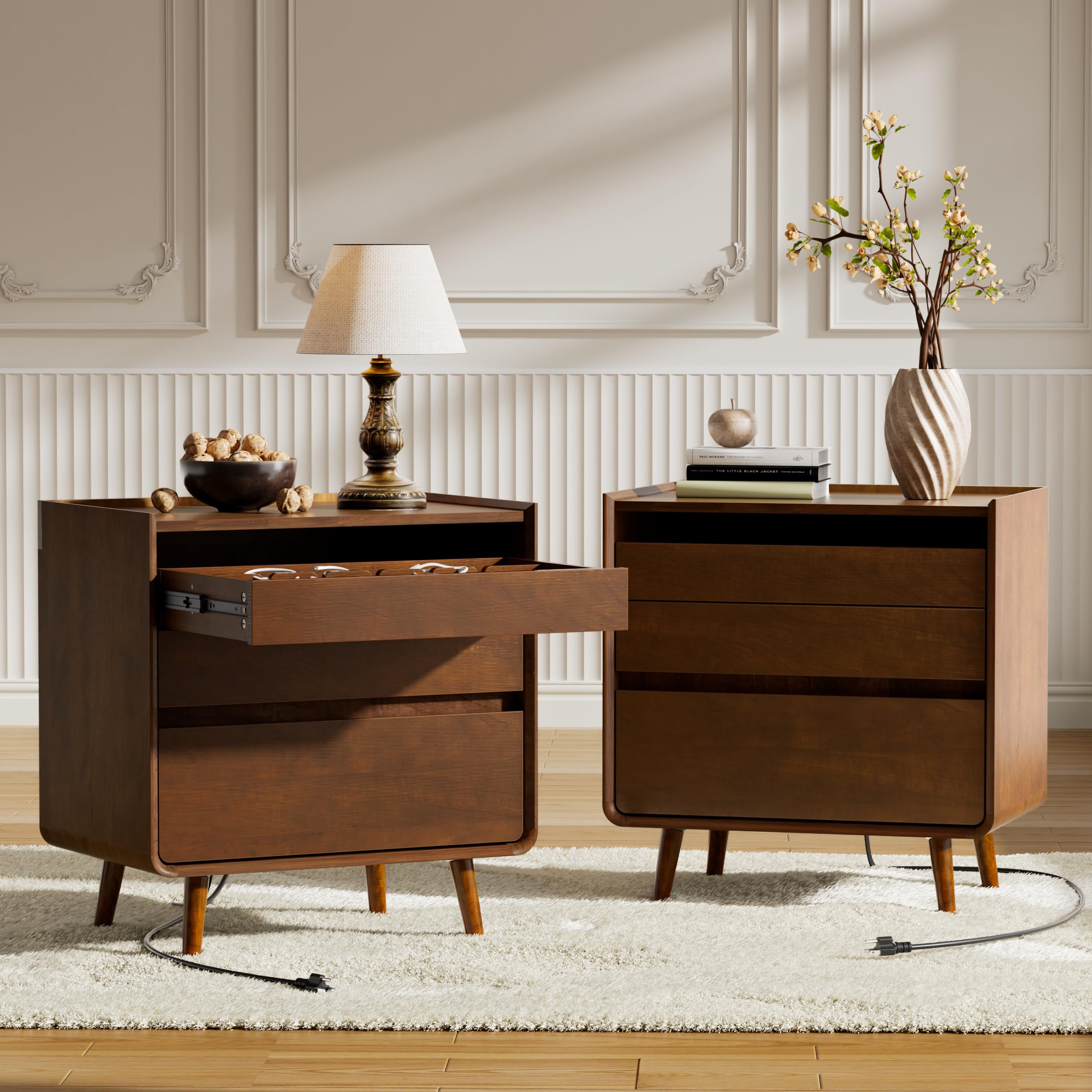 Mid-Century Modern Nightstand with Charging Drawer