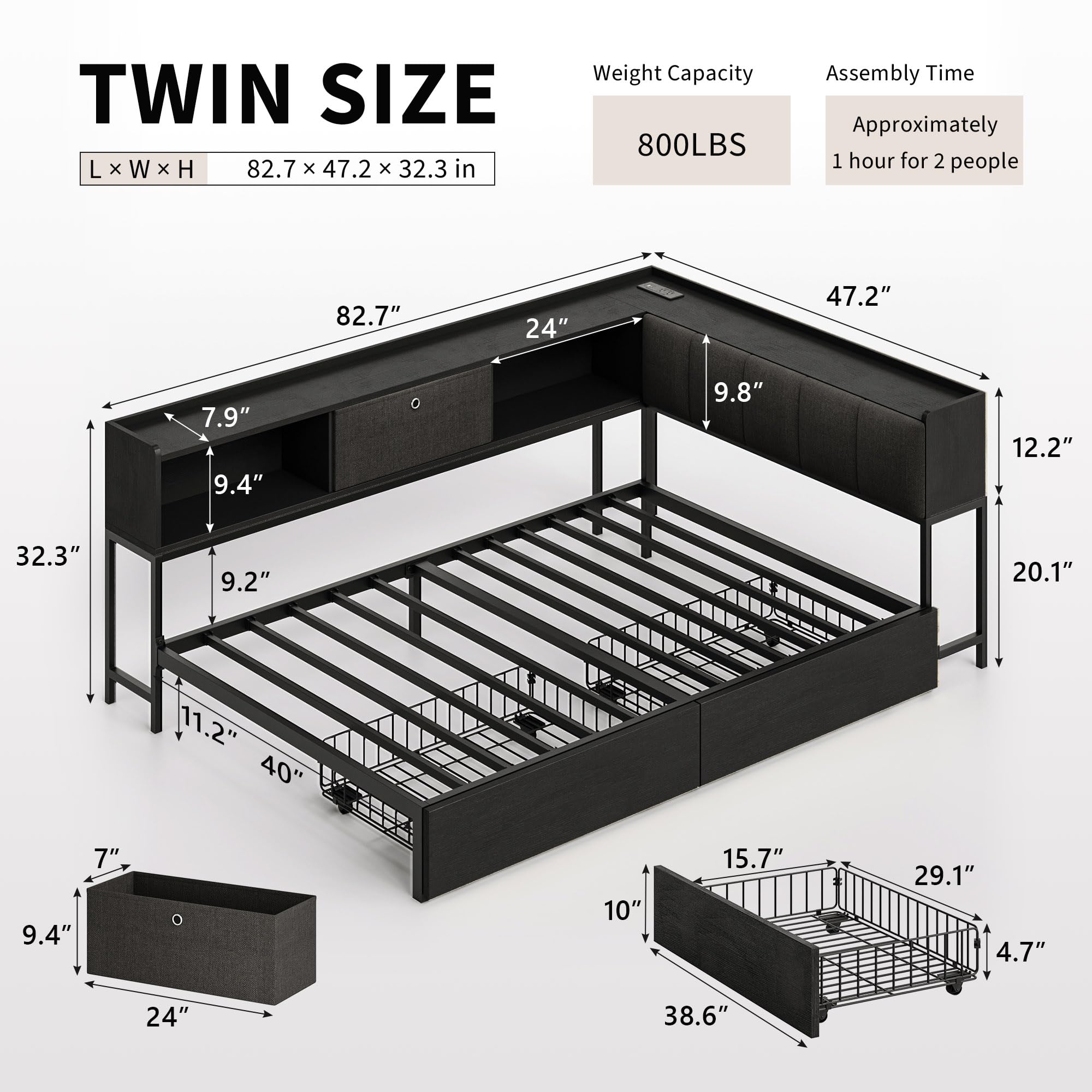 iPormis Twin Corner Bed Frame with 2 Storage Drawers, LED Lights & Charging Station, Storage Upholstered Headboard, Sturdy Platform Daybed for Living Room, Bedroom, Guest, Easy Assembly, Black