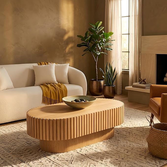 Round Fluted Coffee Table with Glass Top & Hidden Storage